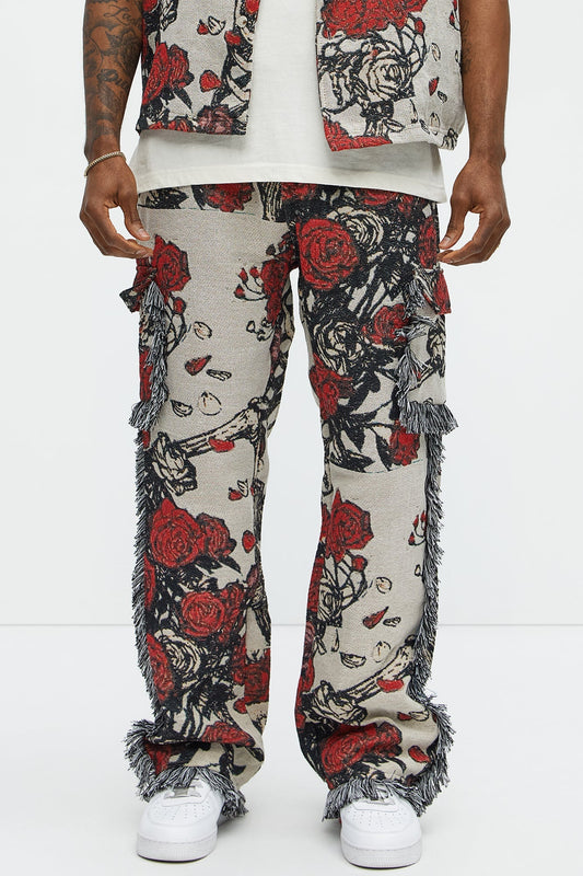 Straight Petals Tapestry Cargo Pants - Red/combo Fashion Nova