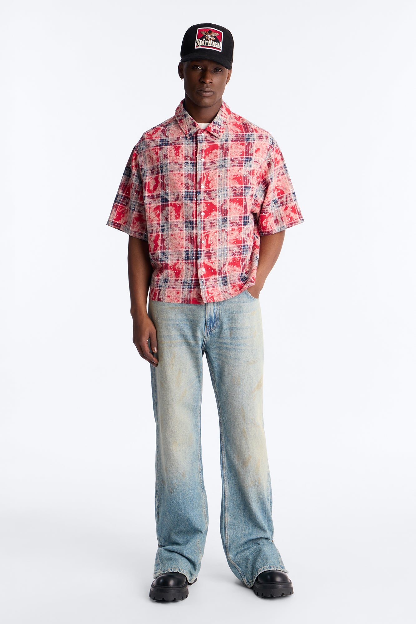 Rhinestone Rain Short Sleeve Plaid Flannel - Red Fashion Nova