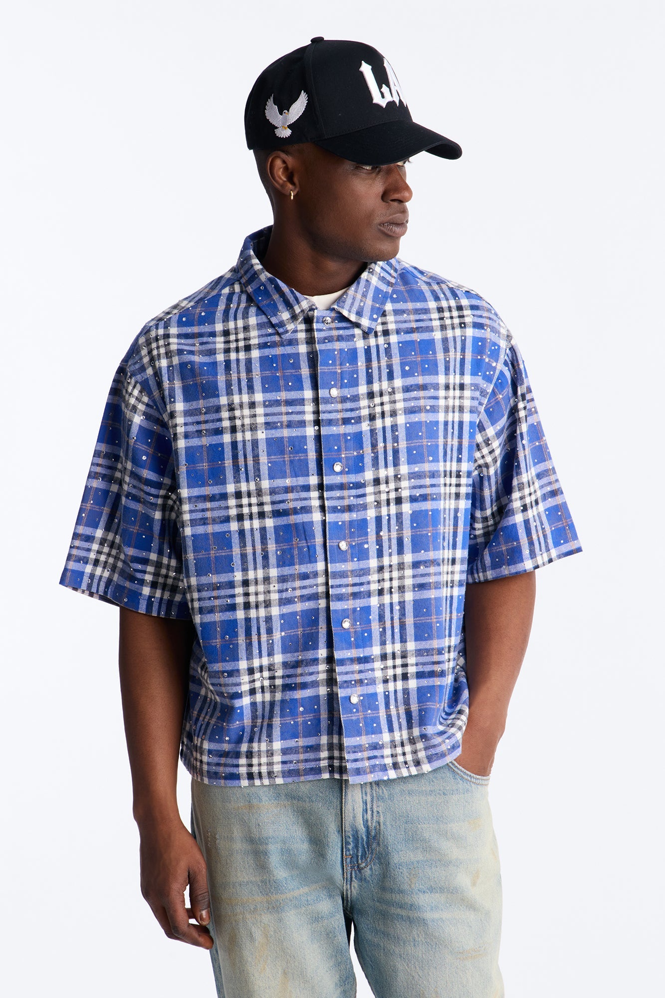 Rhinestone Rain Short Sleeve Plaid Flannel - Royal Fashion Nova