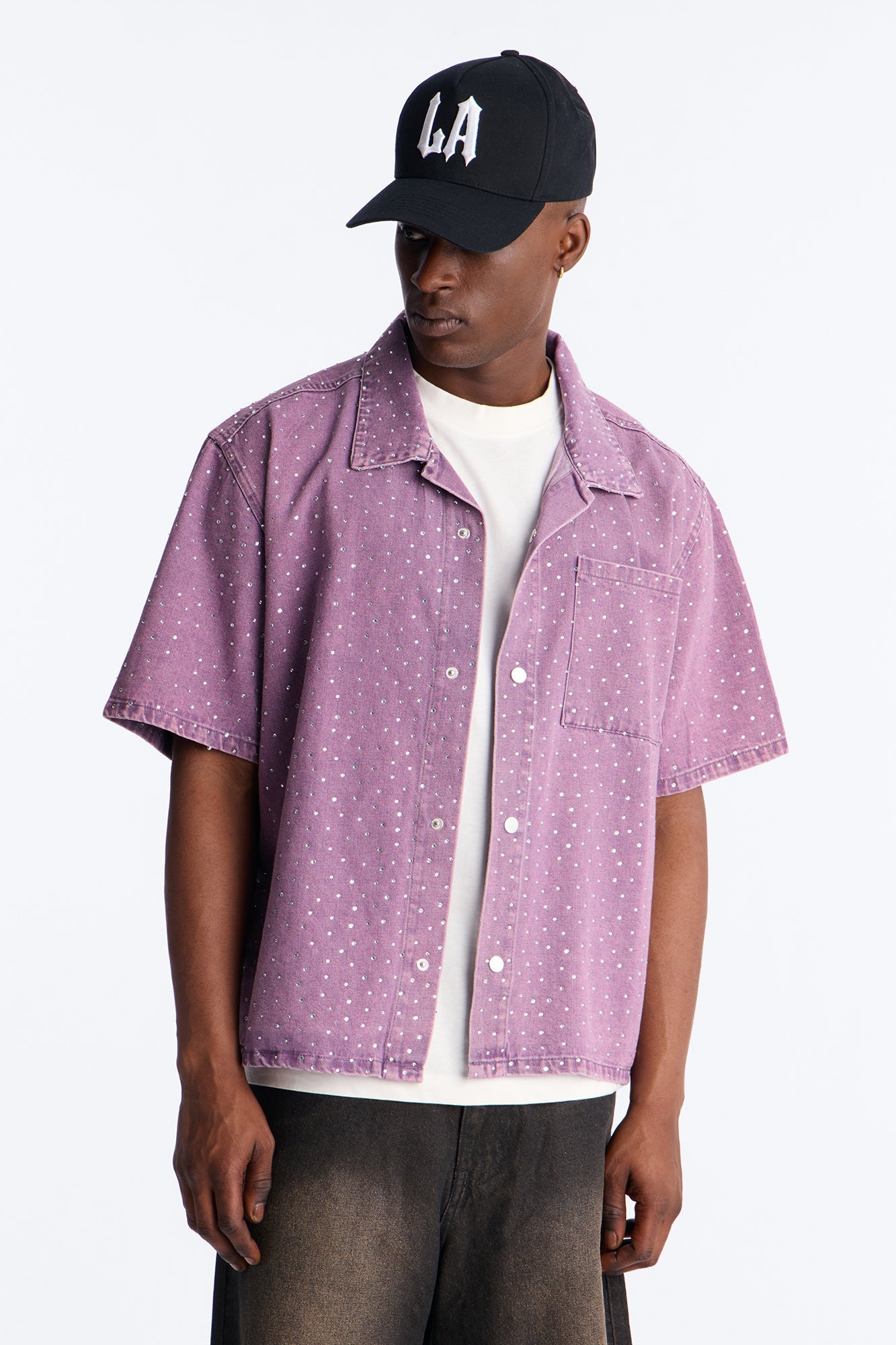 Cropped Embellished Denim Button Up Shirt - Purple Fashion Nova