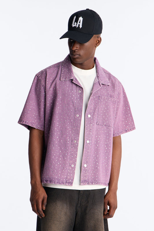 Cropped Embellished Denim Button Up Shirt - Purple Fashion Nova