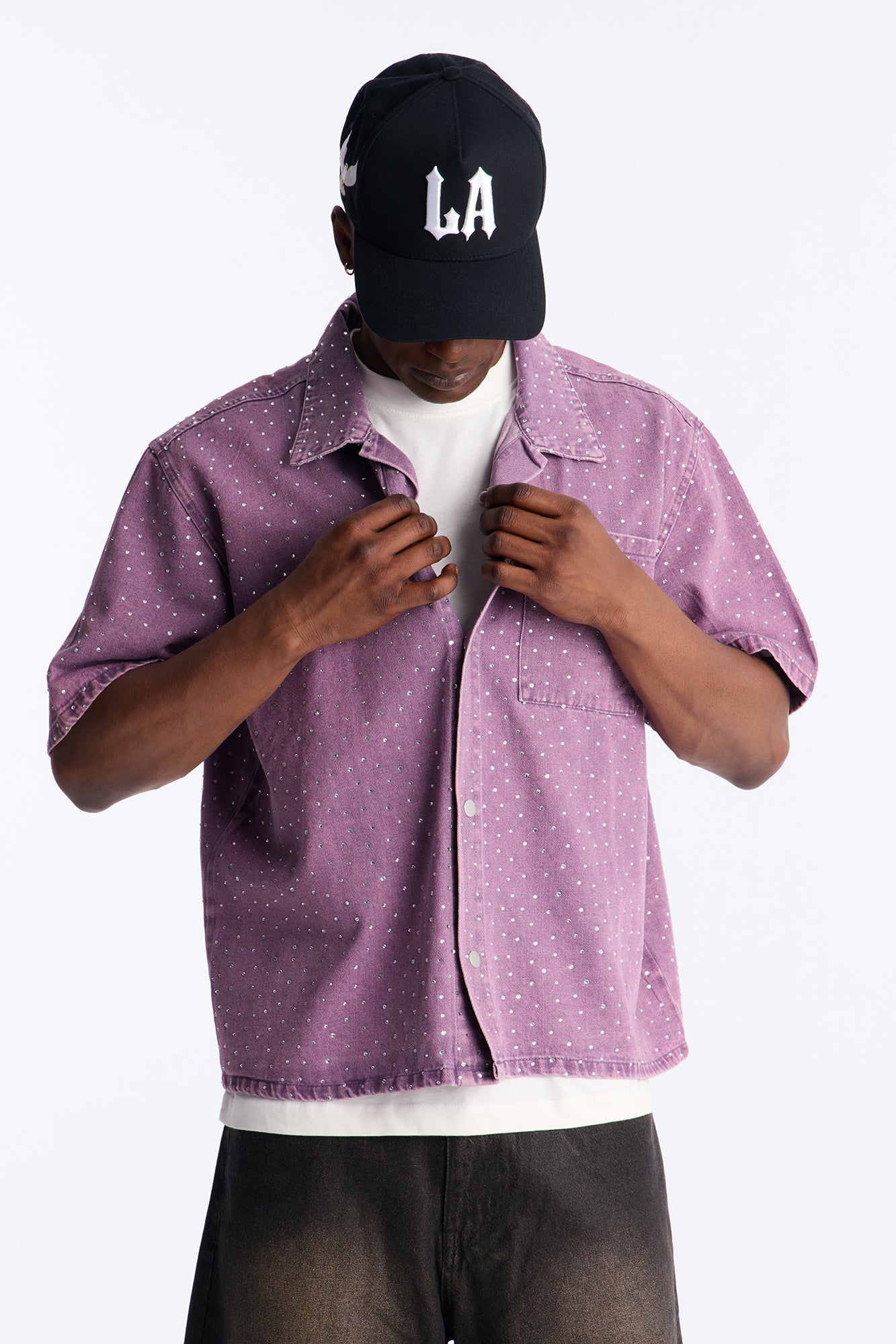 Cropped Embellished Denim Button Up Shirt - Purple Fashion Nova