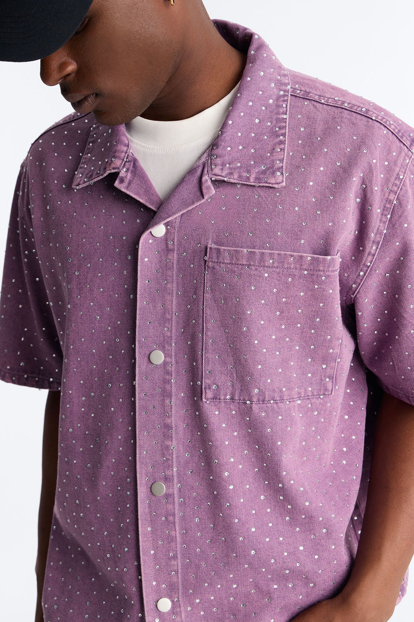 Cropped Embellished Denim Button Up Shirt - Purple Fashion Nova