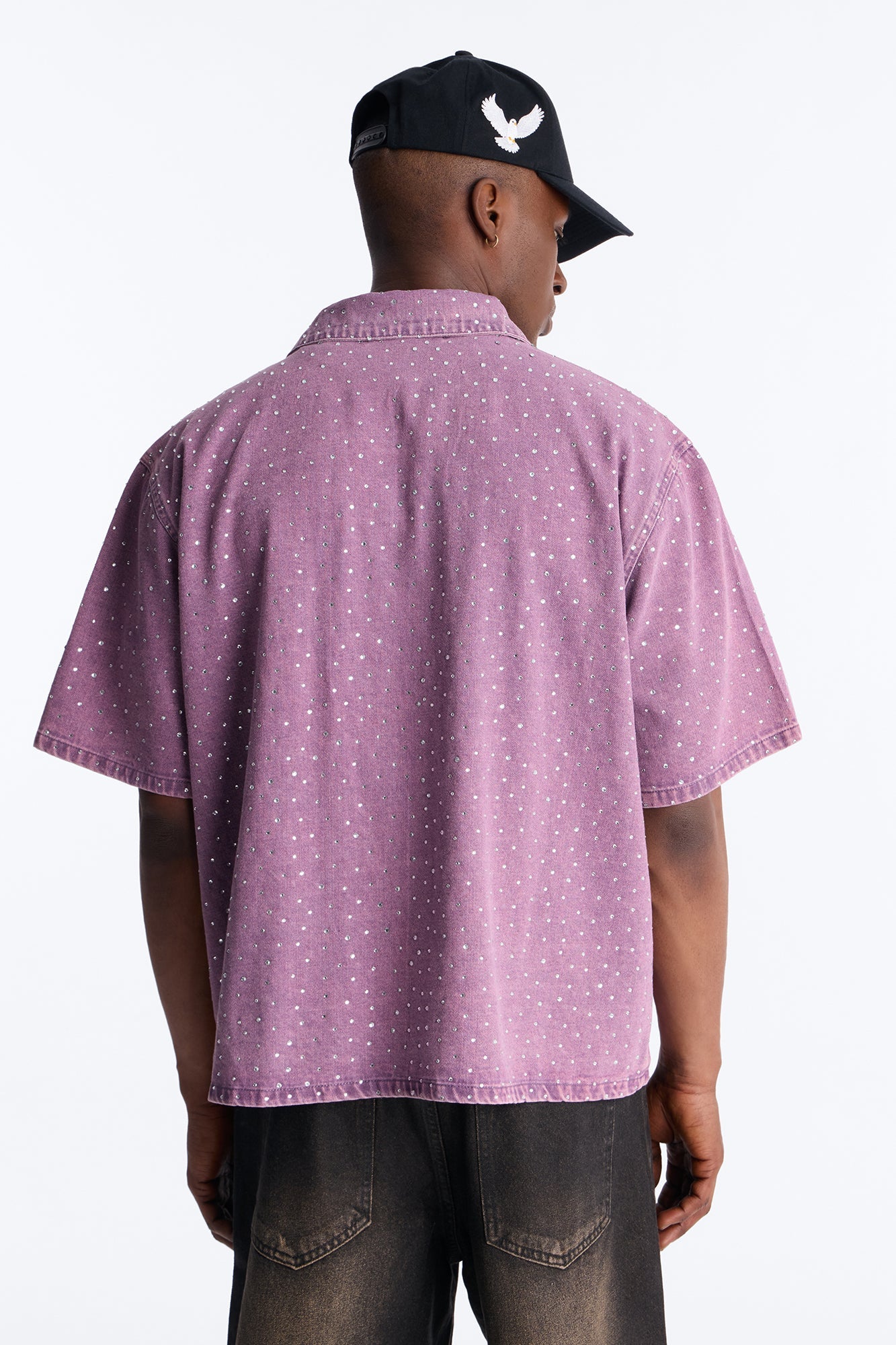 Cropped Embellished Denim Button Up Shirt - Purple Fashion Nova