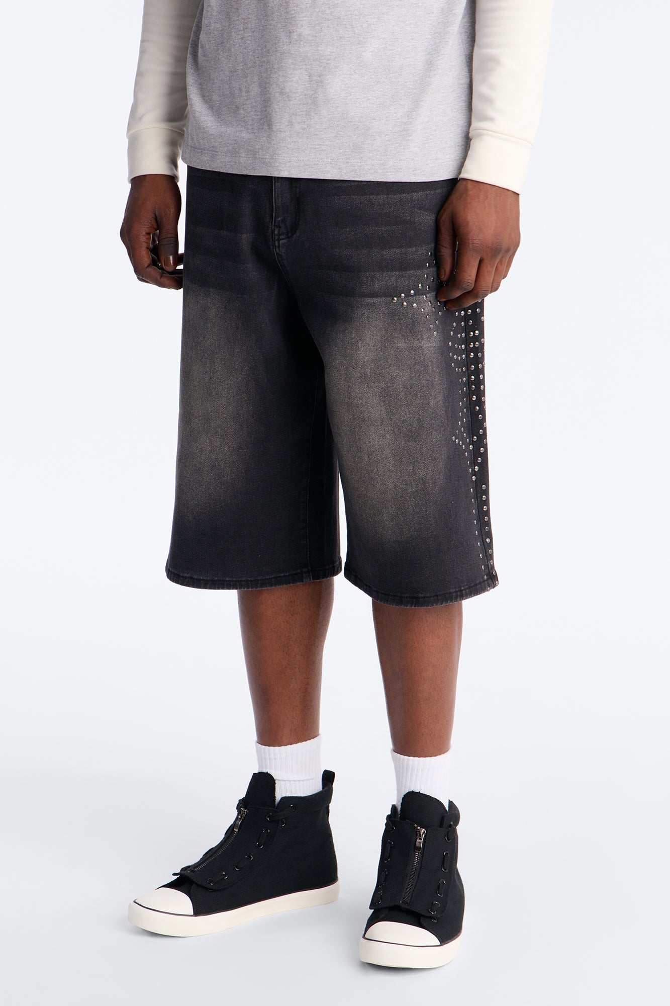 In Denim We Trust Baggy Studded Denim Short - Black Wash Fashion Nova
