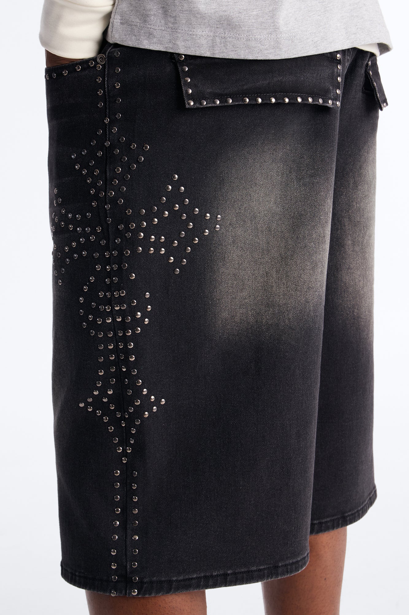 In Denim We Trust Baggy Studded Denim Short - Black Wash Fashion Nova