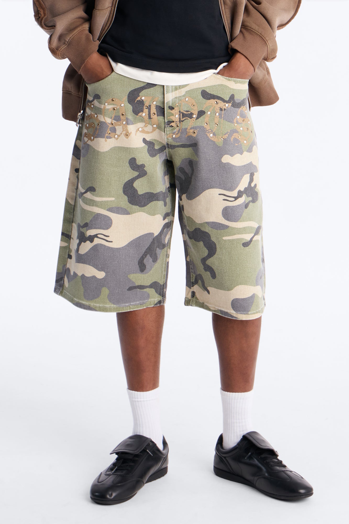 Relaxed Saints Embellished Camo Denim Shorts - Camouflage Fashion Nova