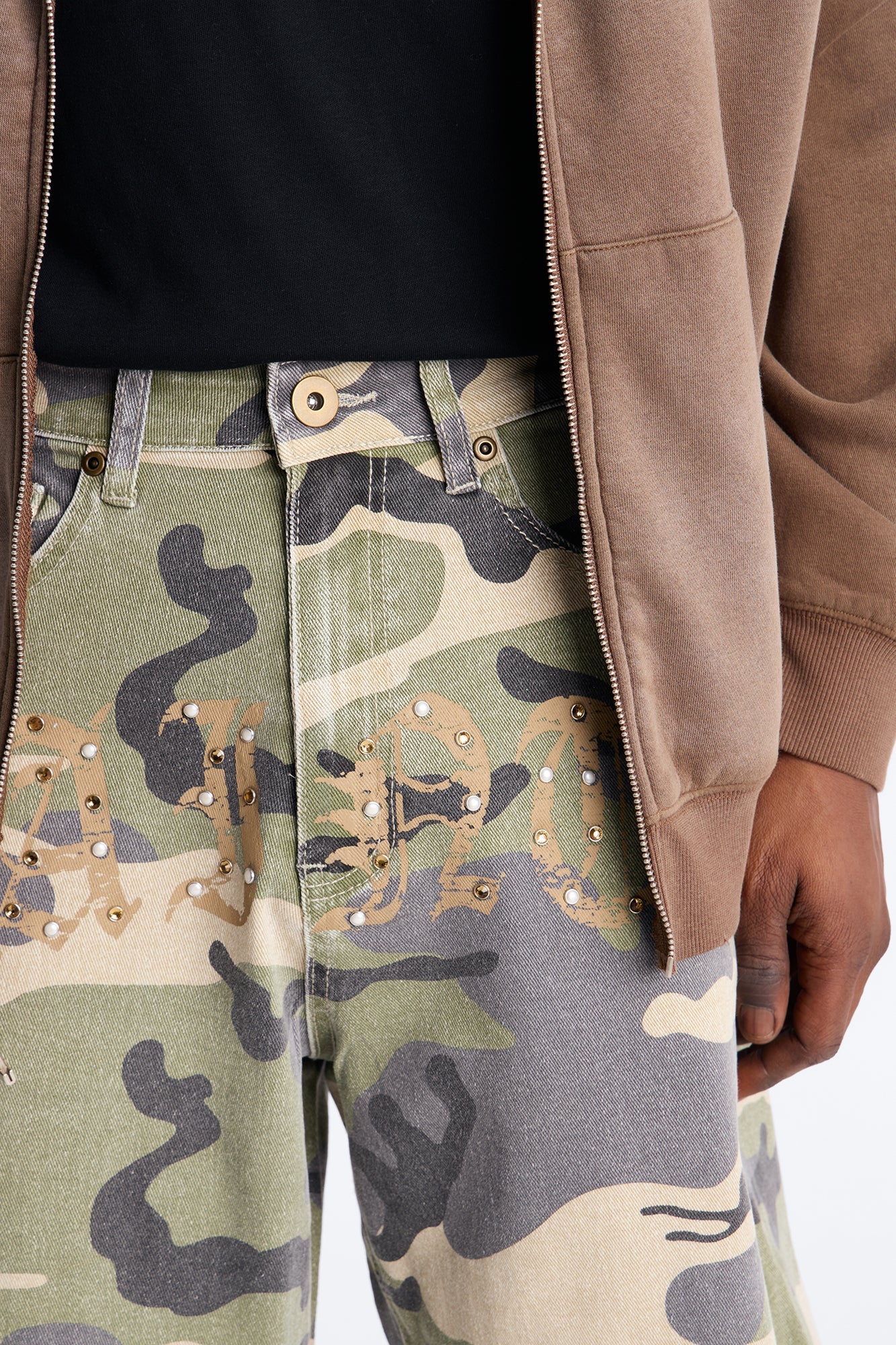 Relaxed Saints Embellished Camo Denim Shorts - Camouflage Fashion Nova