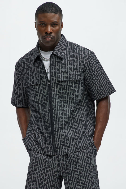 Fallon Jacquard Zip Shirt - Charcoal Fashion Nova