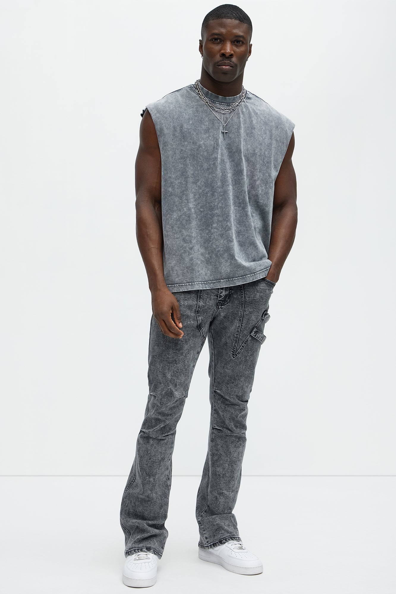 Daly Asymmetrical Stacked Slim Flare Jeans - Grey Fashion Nova