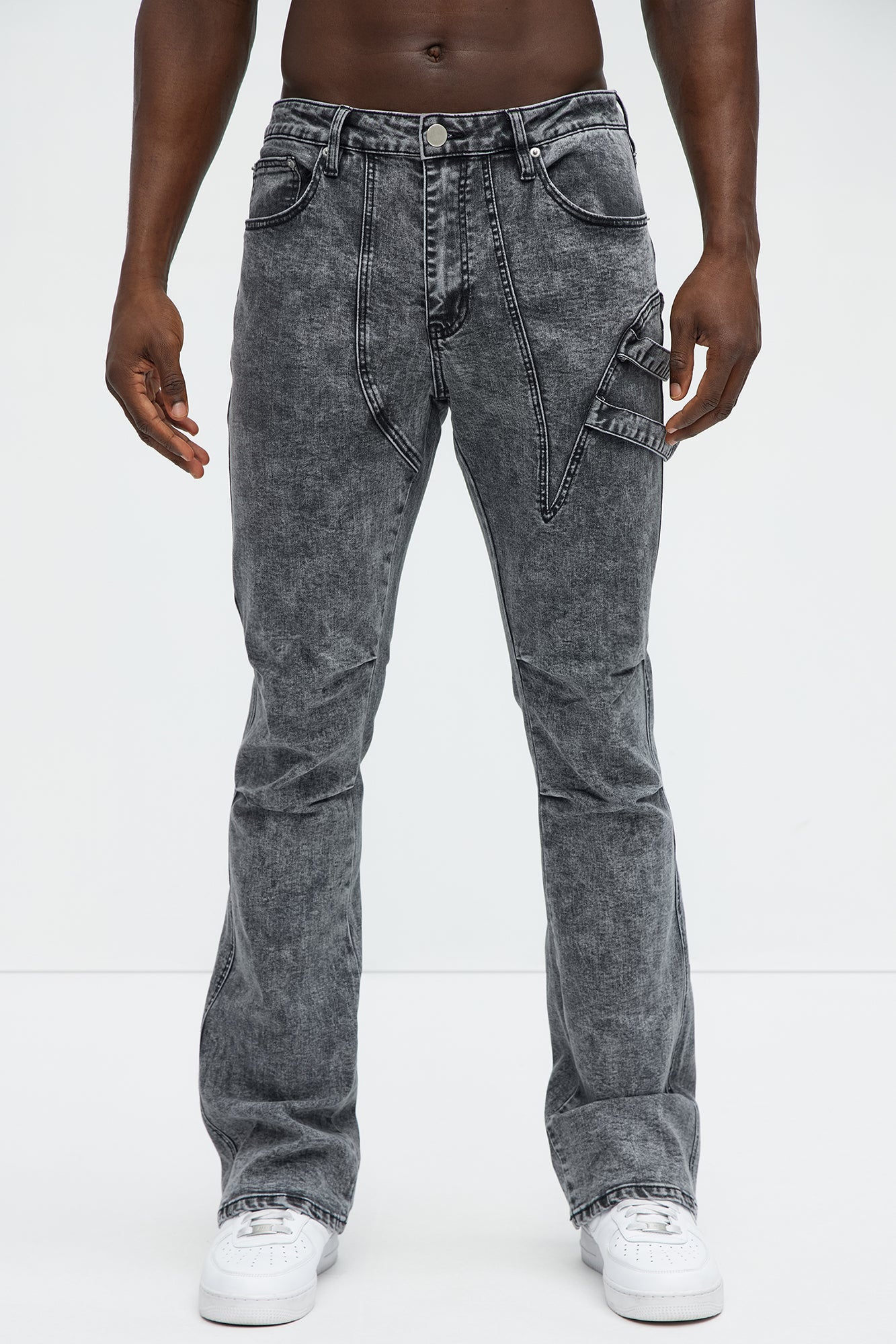 Daly Asymmetrical Stacked Slim Flare Jeans - Grey Fashion Nova