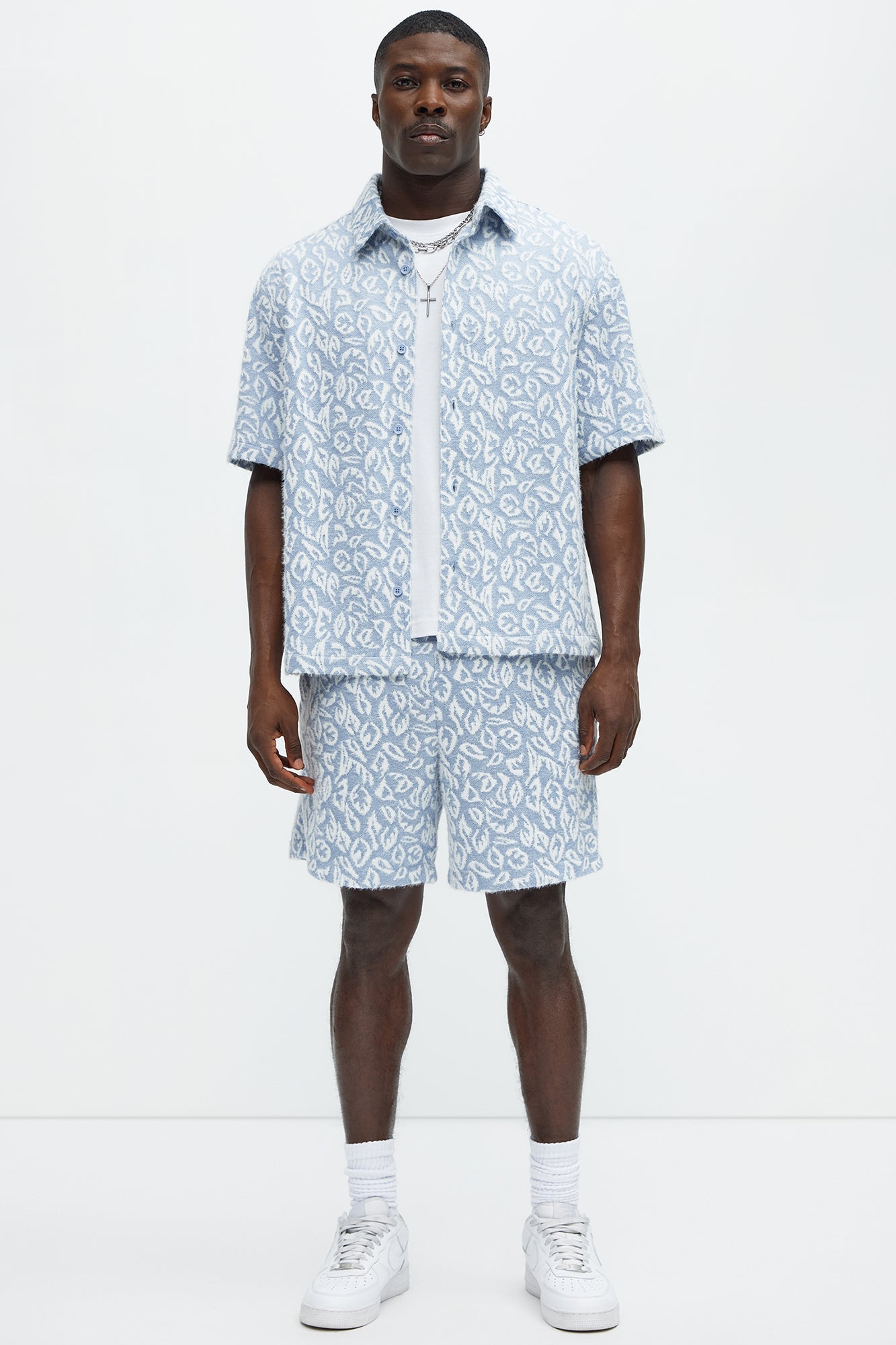 Jacquard Foliage Short Sleeve Shirt - Blue/combo Fashion Nova