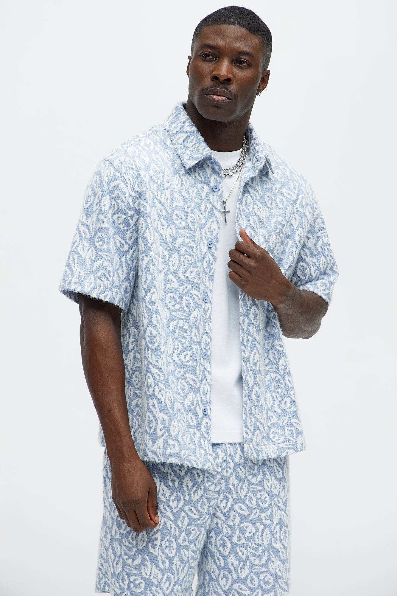 Jacquard Foliage Short Sleeve Shirt - Blue/combo Fashion Nova
