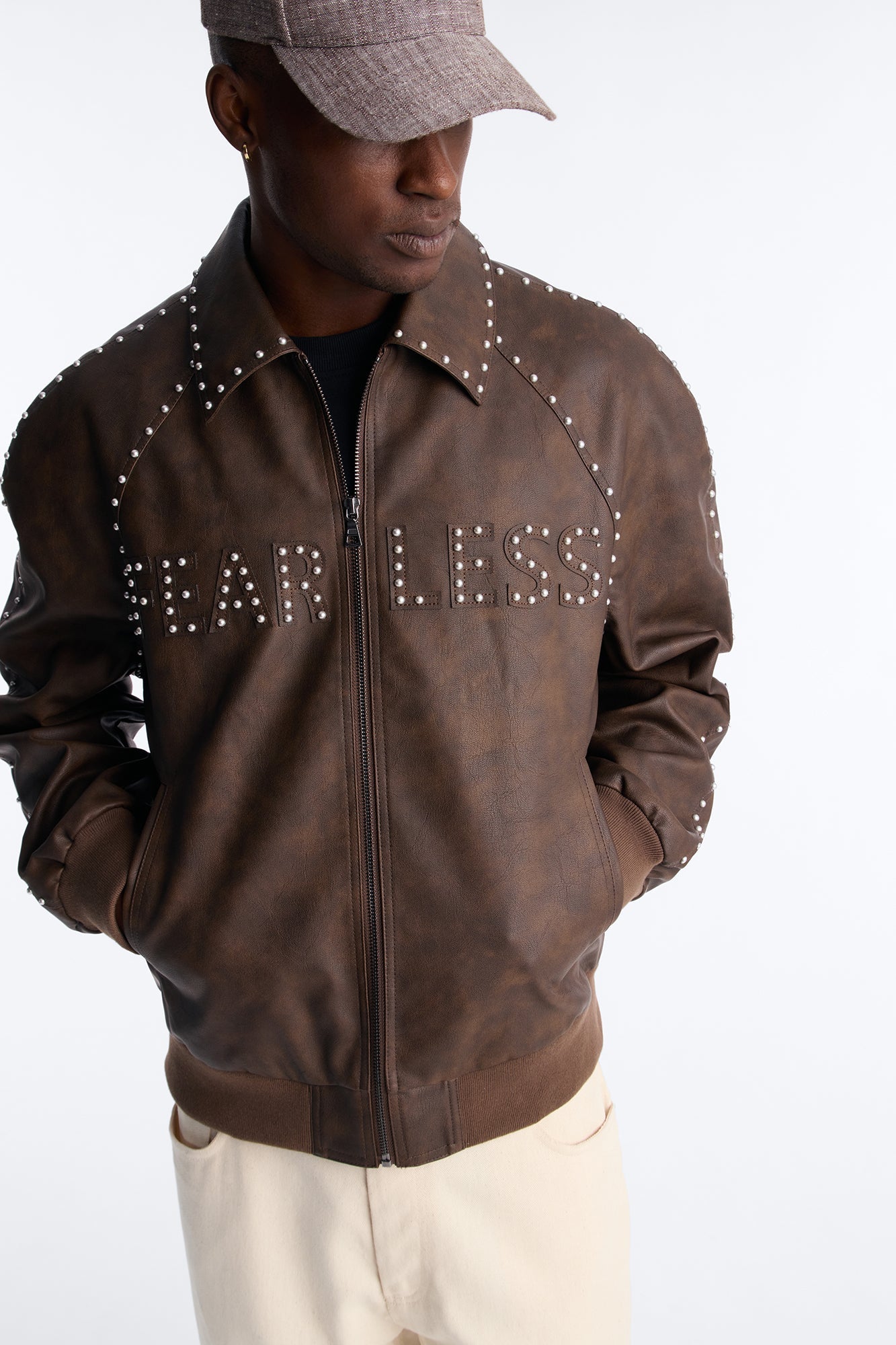 Fearless Victory Faux Leather Studded Bomber Jacket - Brown Fashion Nova