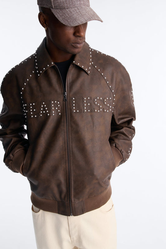 Fearless Victory Faux Leather Studded Bomber Jacket - Brown Fashion Nova