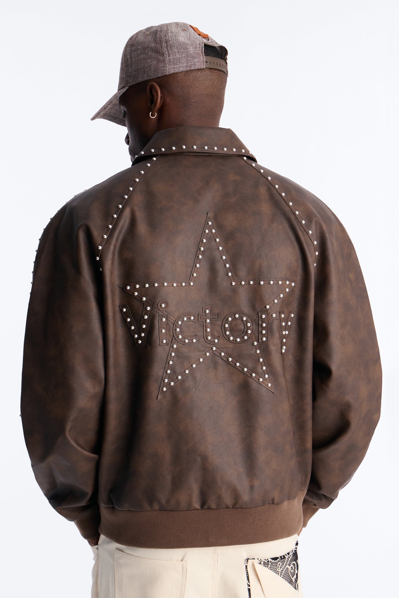 Fearless Victory Faux Leather Studded Bomber Jacket - Brown Fashion Nova