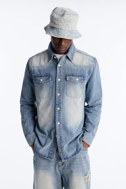 Stars And Stripes Long Sleeve Button Up Denim Shirt - Vintage Blue Wash Fashion Nova