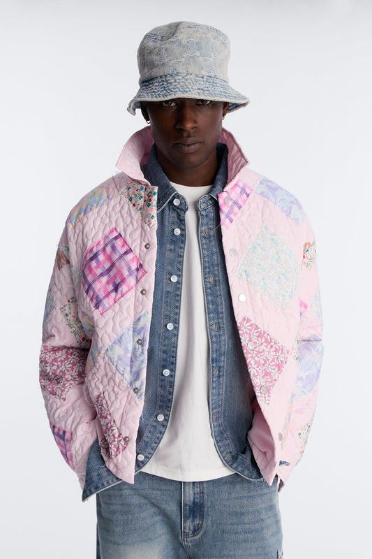 Cropped Quilted Frayed Patchwork Work Jacket - Pink Fashion Nova