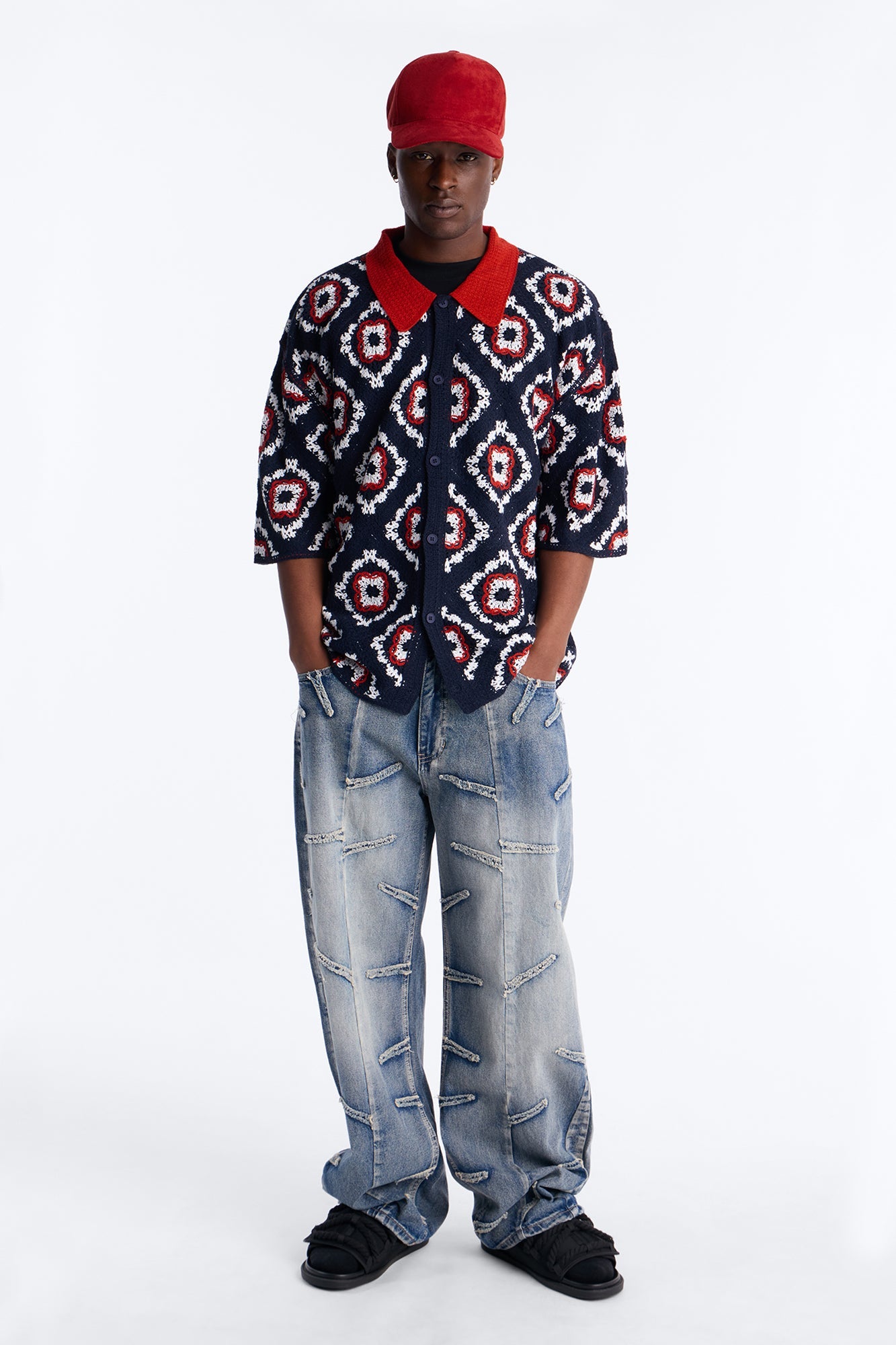 Kaleido Bloom Crochet Button Up Shirt - Navy Fashion Nova