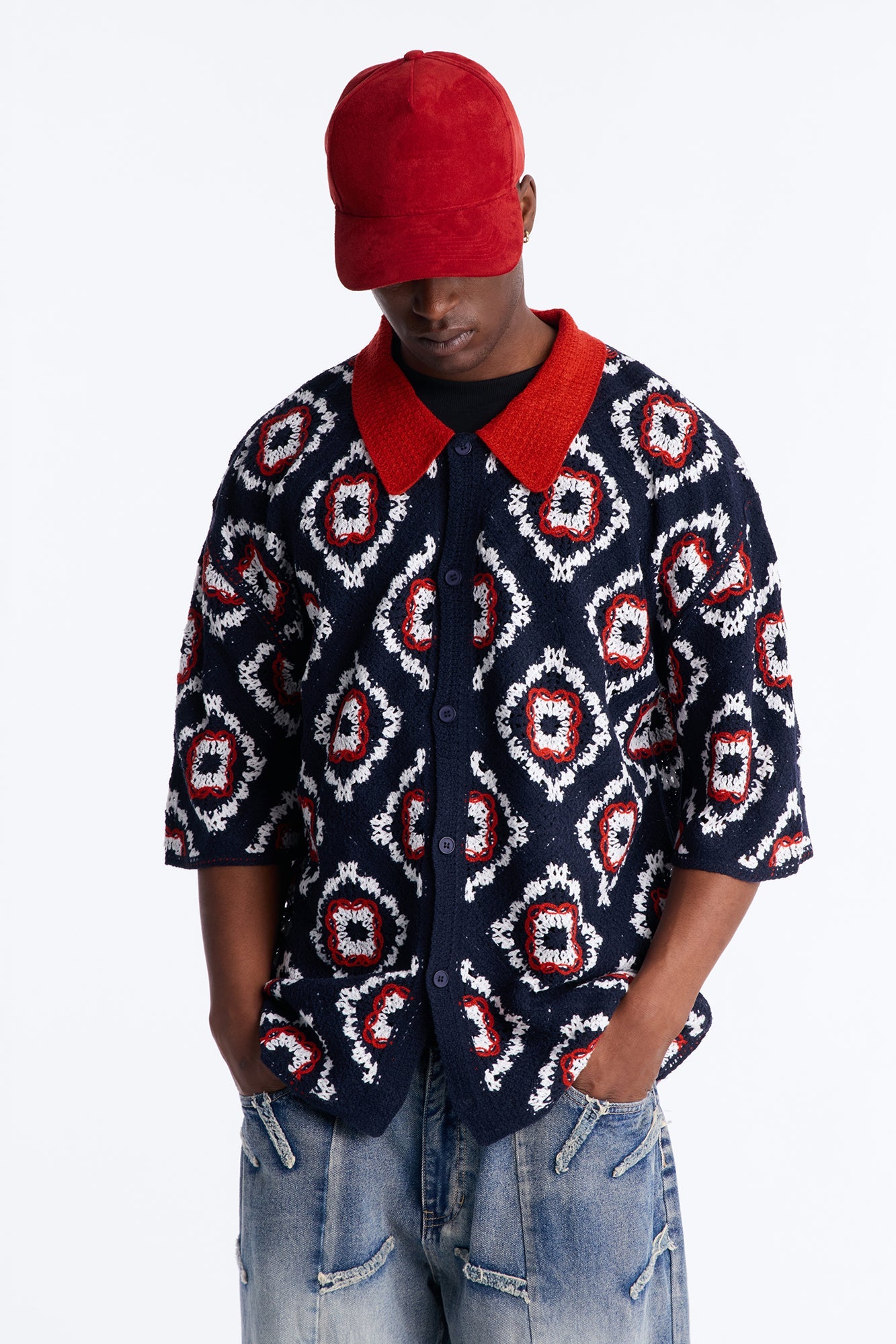 Kaleido Bloom Crochet Button Up Shirt - Navy Fashion Nova