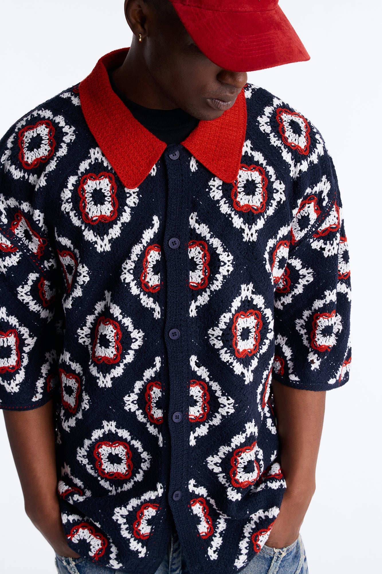 Kaleido Bloom Crochet Button Up Shirt - Navy Fashion Nova