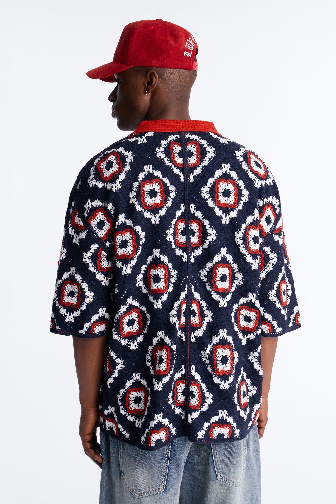 Kaleido Bloom Crochet Button Up Shirt - Navy Fashion Nova