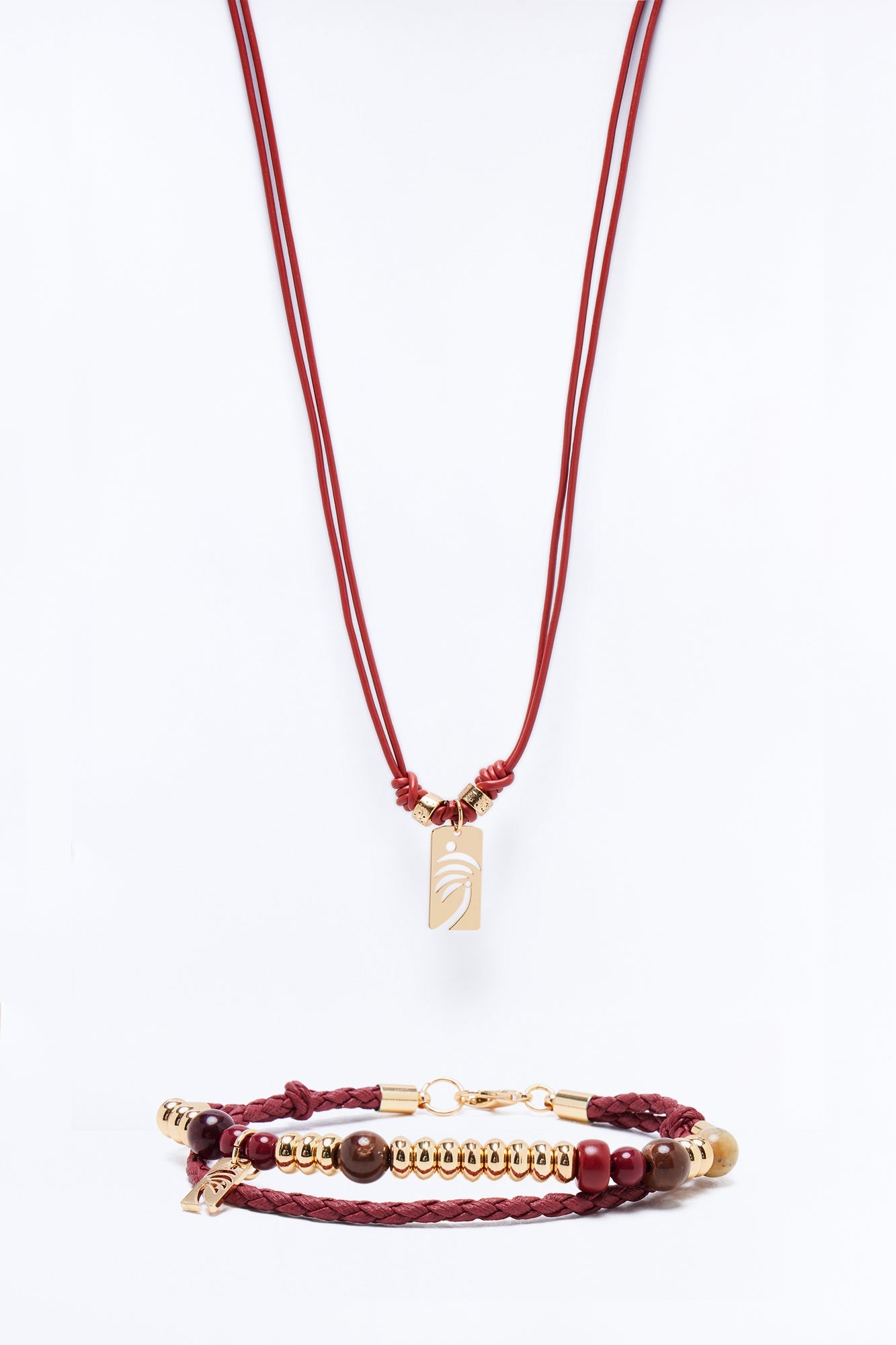 Palm Faux Leather Cording Necklace And Bracelet Set - Burgundy Fashion Nova