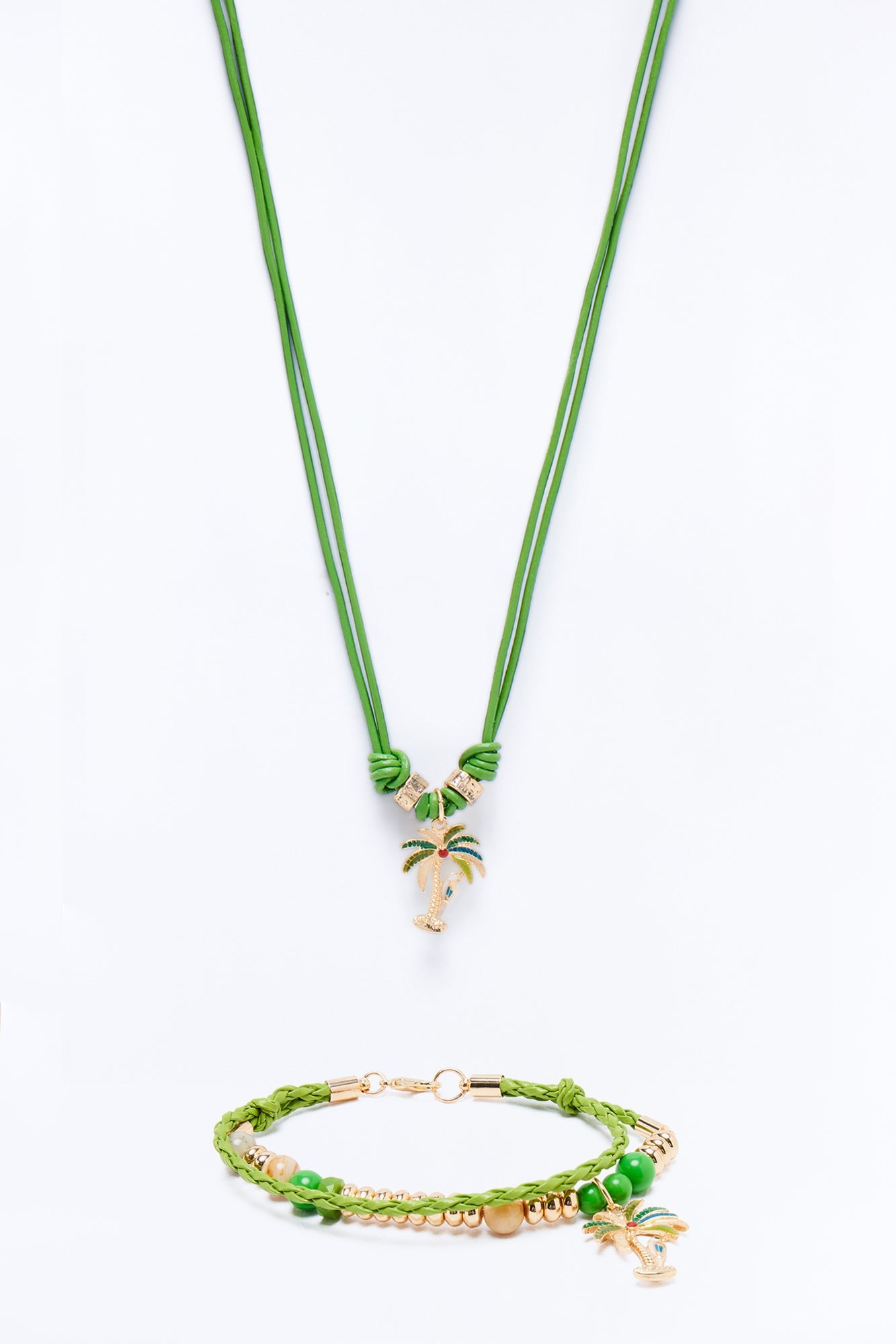 Paradise Faux Leather Cording Necklace And Bracelet Set - Gold/Green Fashion Nova