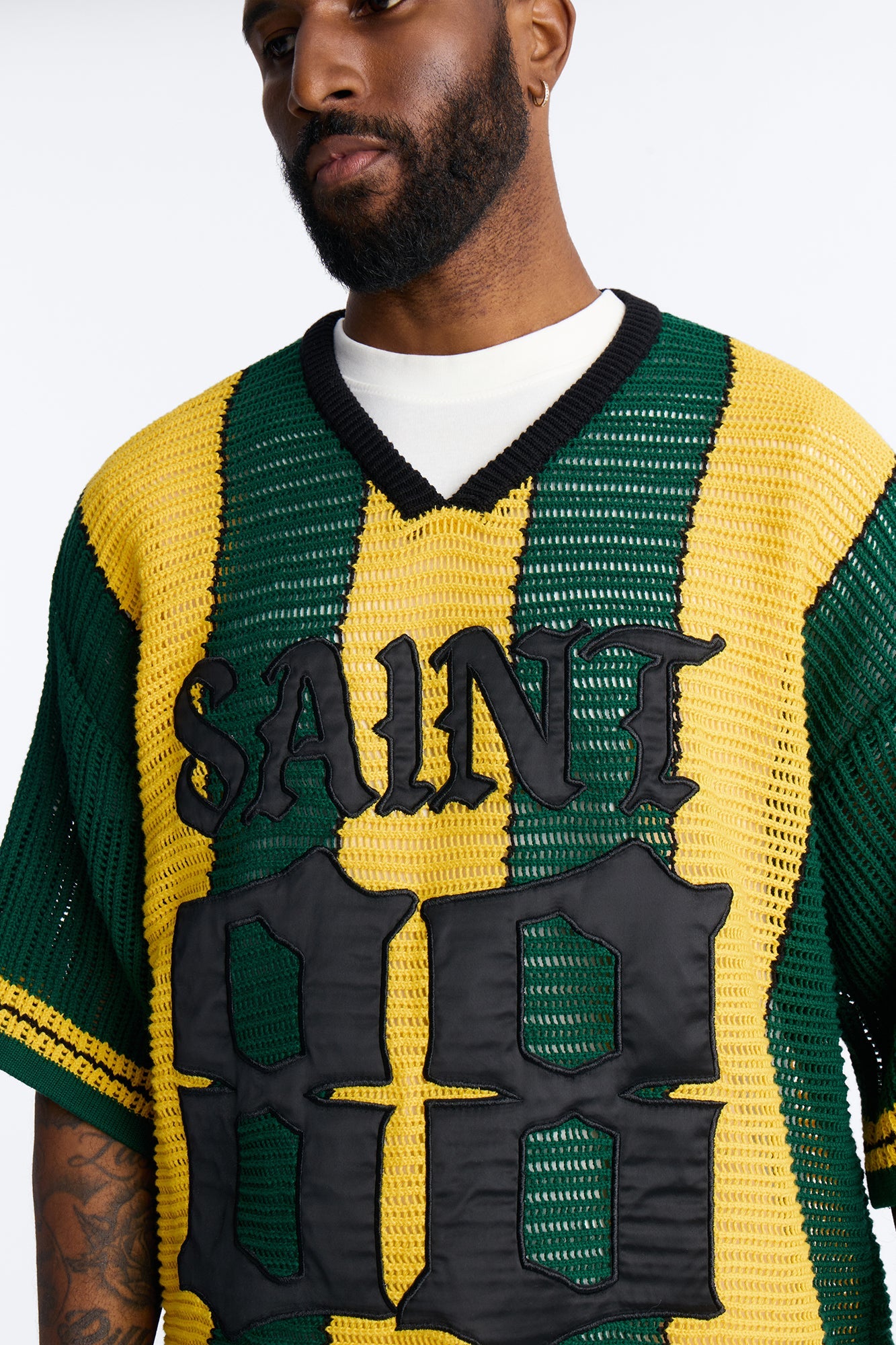 Saint 88 Cross Stripe Short Sleeve Knit Jersey - Yellow Fashion Nova