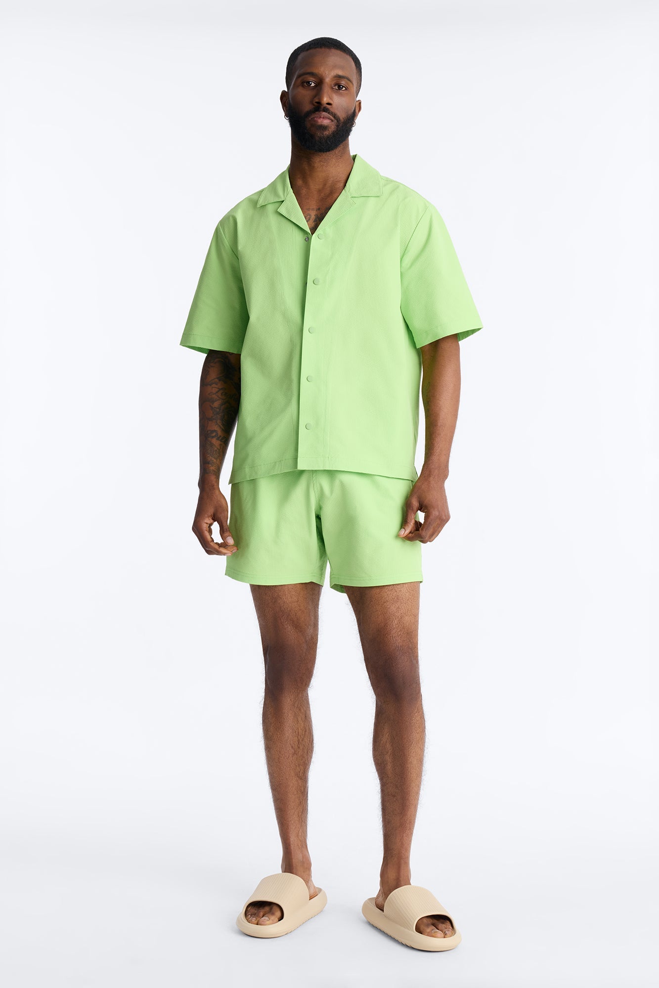 Seersucker Short Sleeve Cuban Collar Shirt - Lime Fashion Nova
