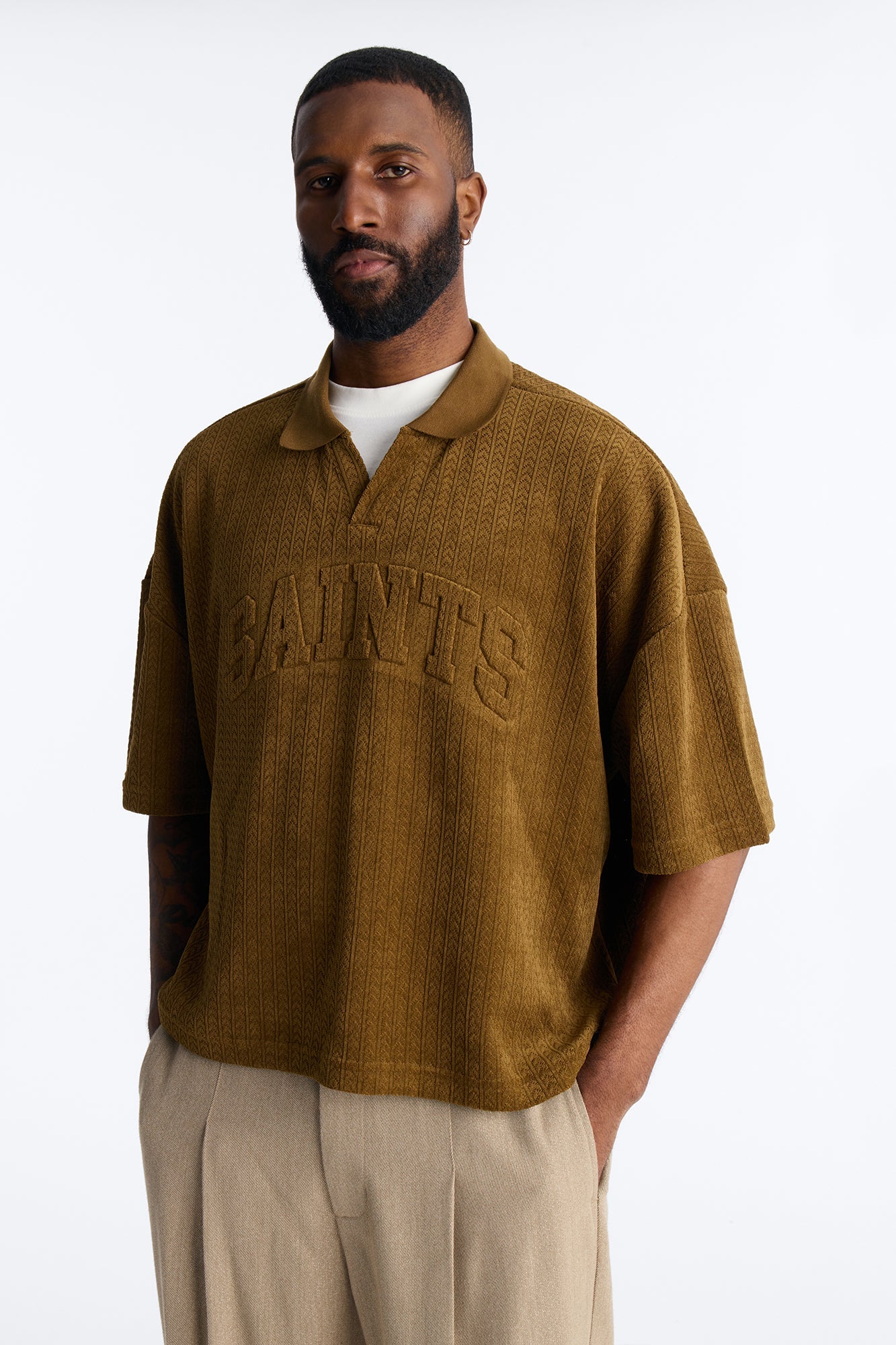 Boxy Cropped Lexington Saints Johnny Collar Polo - Brown Fashion Nova