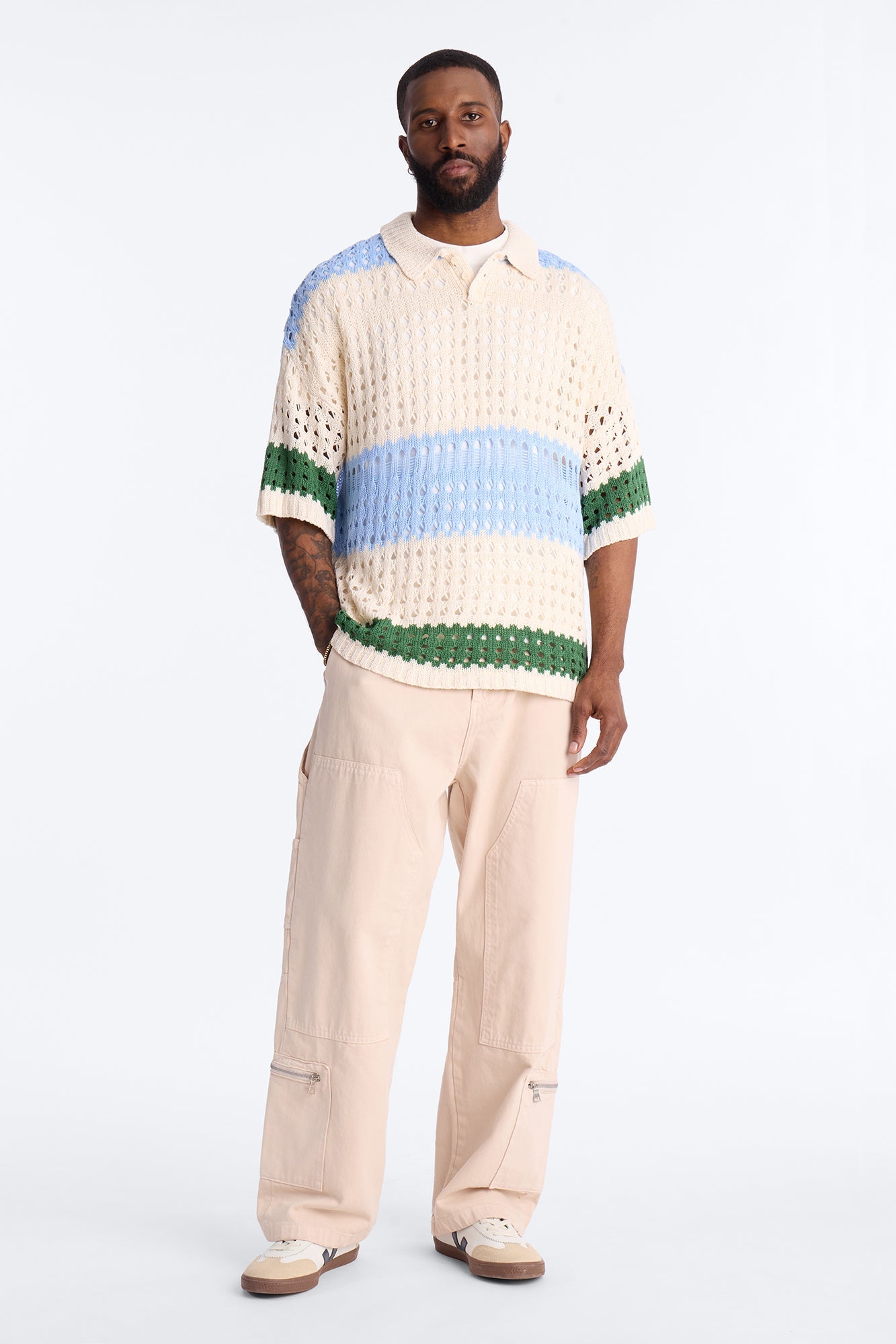 Weathered Stripe Knitted Polo - Light Blue Fashion Nova