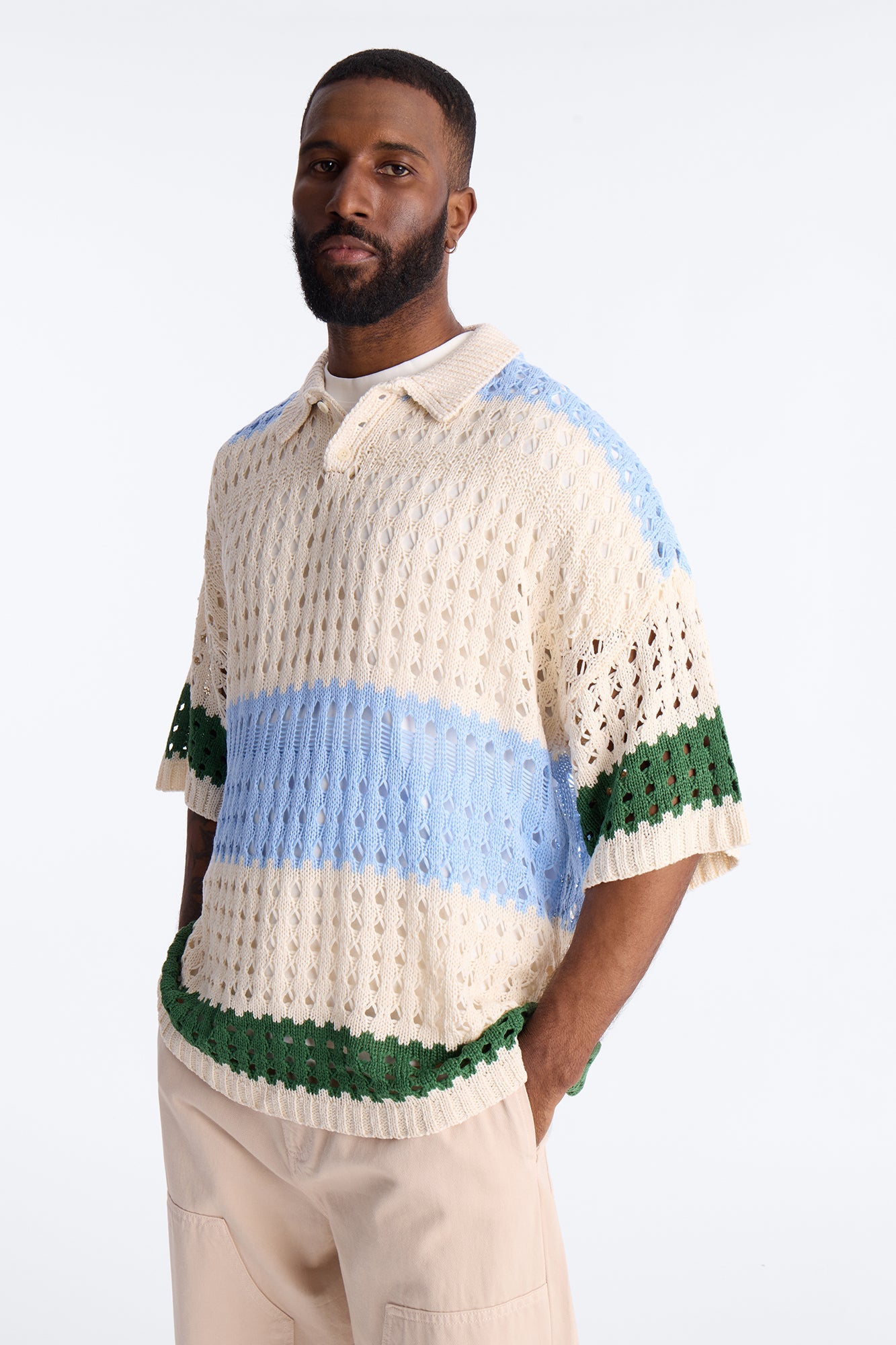 Weathered Stripe Knitted Polo - Light Blue Fashion Nova
