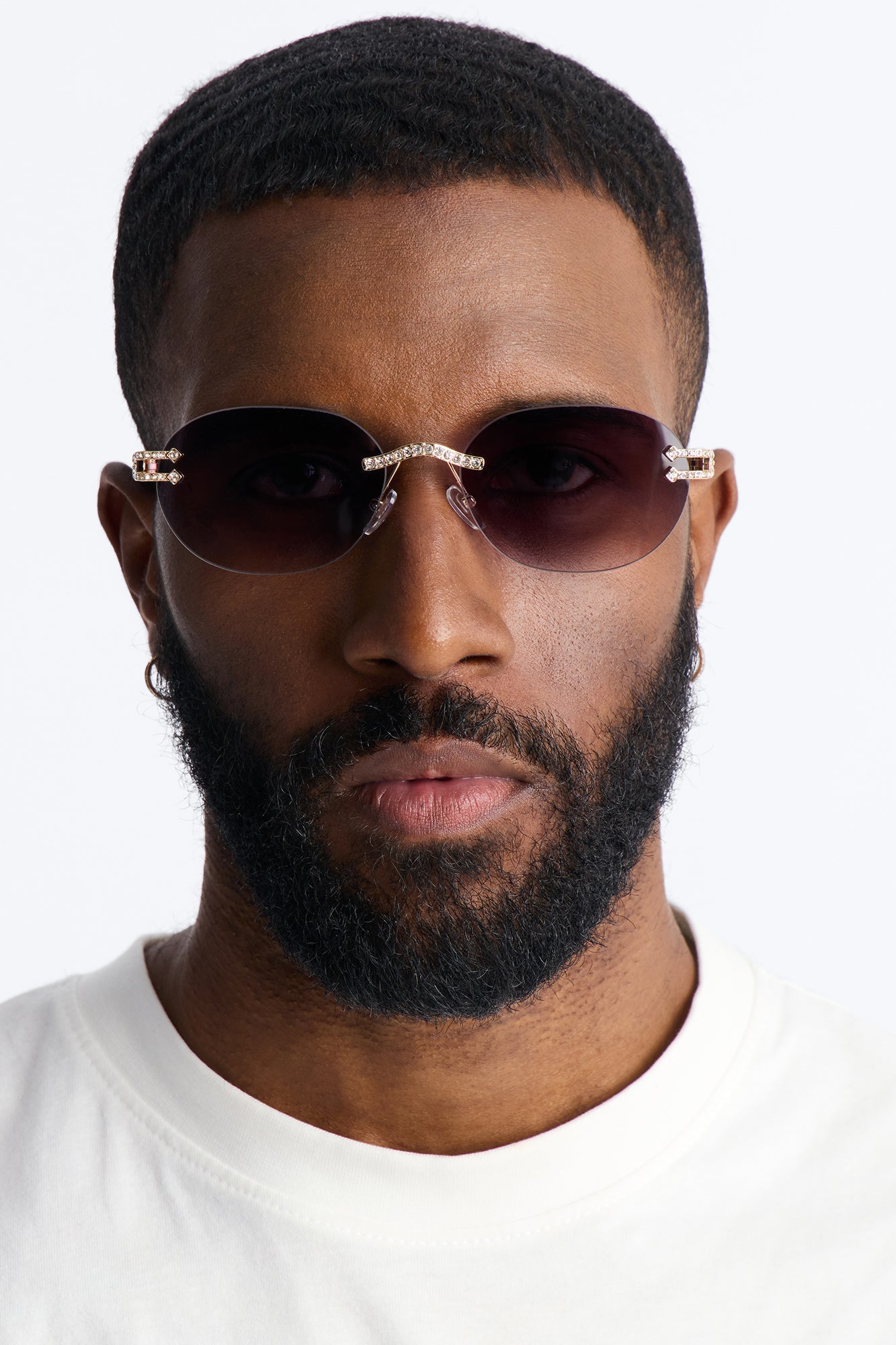 Embellished Round Frameless Metal Sunglasses - Gold/Black Fashion Nova