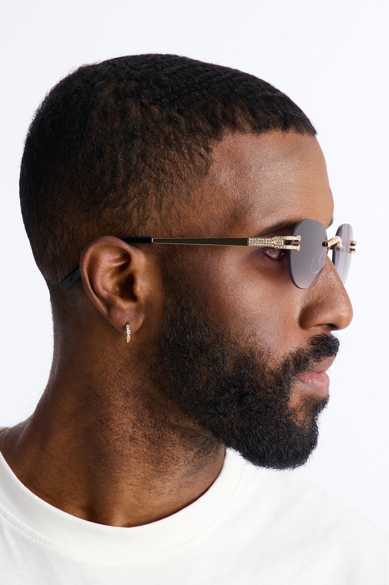 Embellished Round Frameless Metal Sunglasses - Gold/Black Fashion Nova