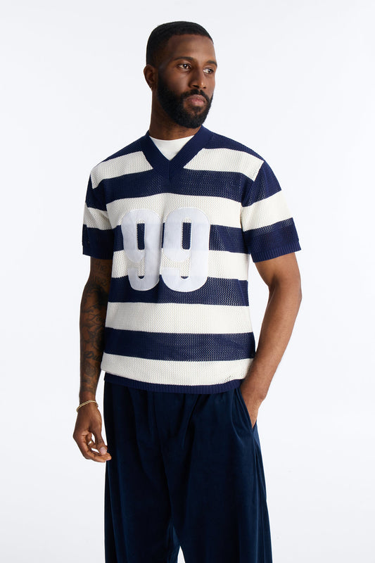 Short Sleeve Striped Crotchet Jersey - Navy Fashion Nova