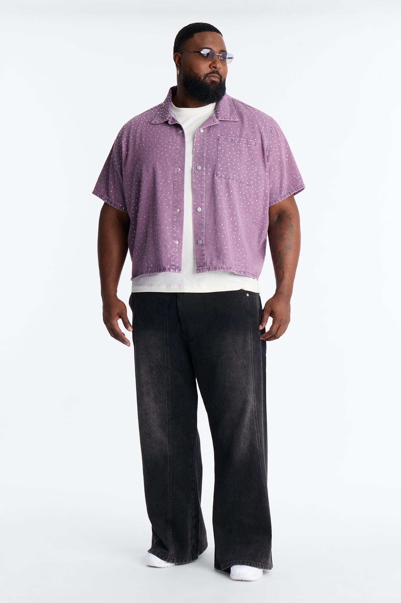Cropped Embellished Denim Button Up Shirt - Purple Fashion Nova