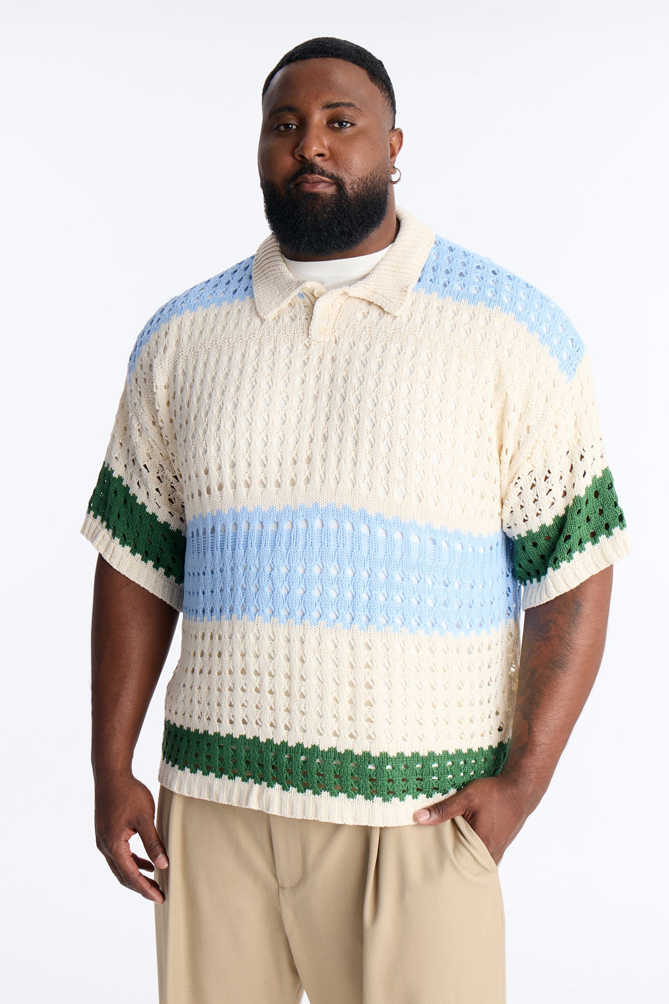 Weathered Stripe Knitted Polo - Light Blue Fashion Nova
