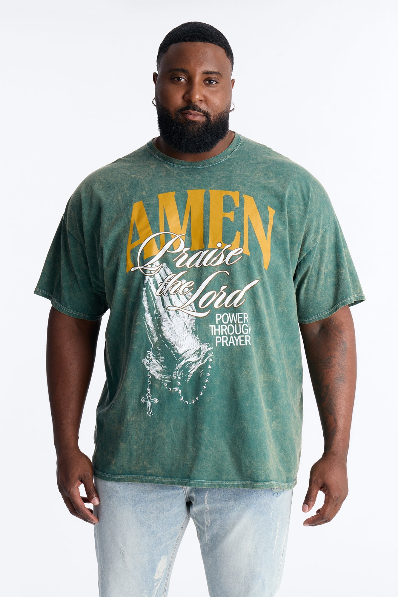 Amen Praise The Lord Rosary Studded Detail Graphic Short Sleeve Tee - Hunter Green Fashion Nova