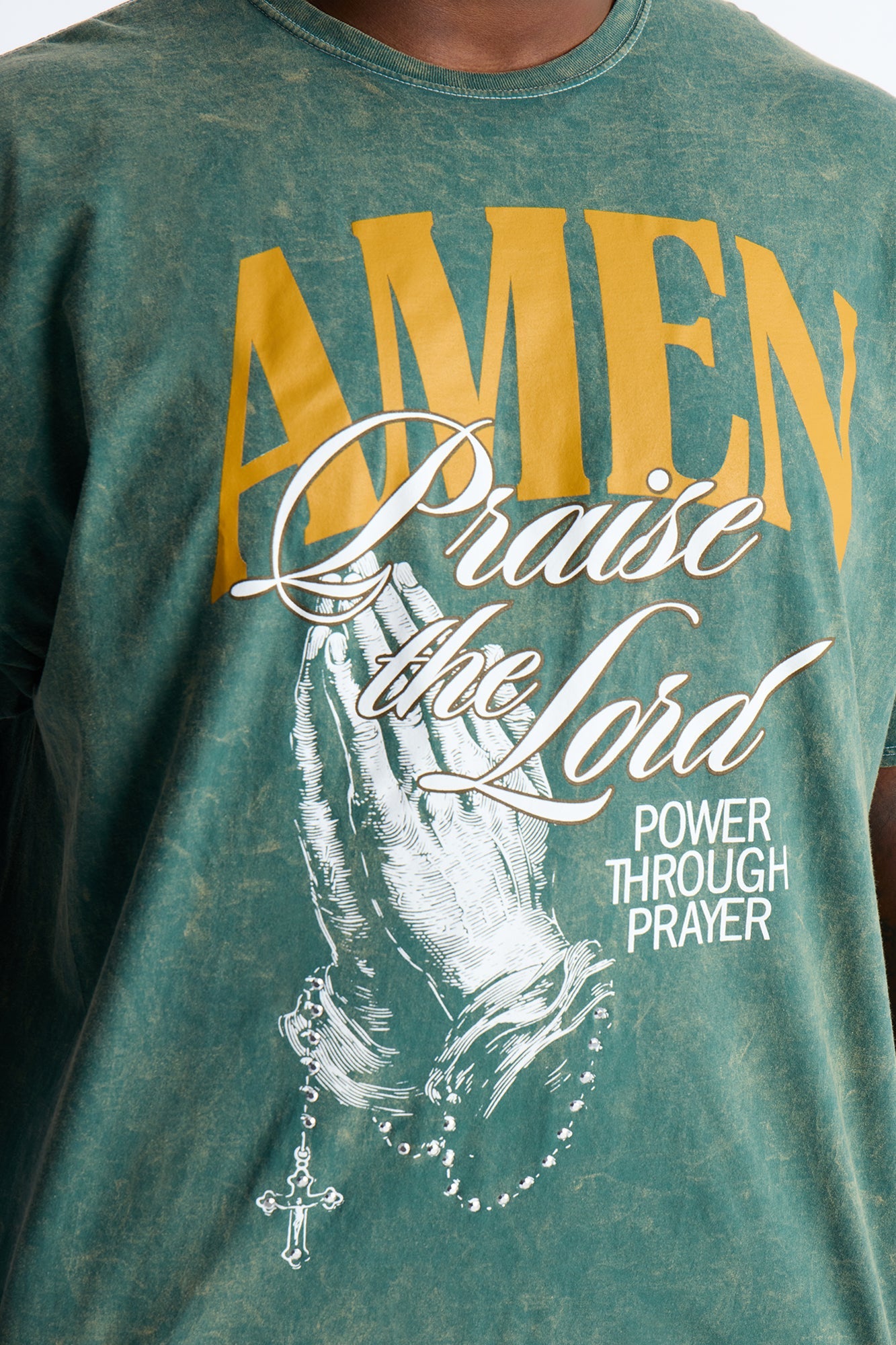 Amen Praise The Lord Rosary Studded Detail Graphic Short Sleeve Tee - Hunter Green Fashion Nova