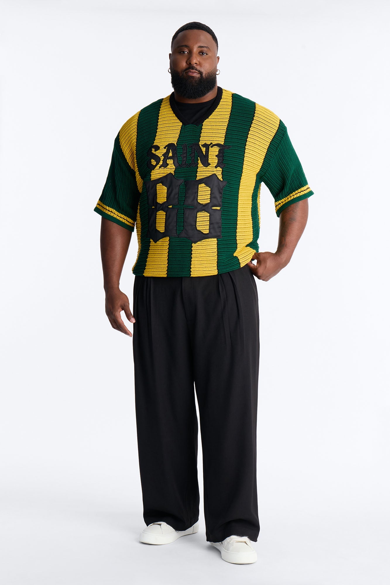 Saint 88 Cross Stripe Short Sleeve Knit Jersey - Yellow Fashion Nova