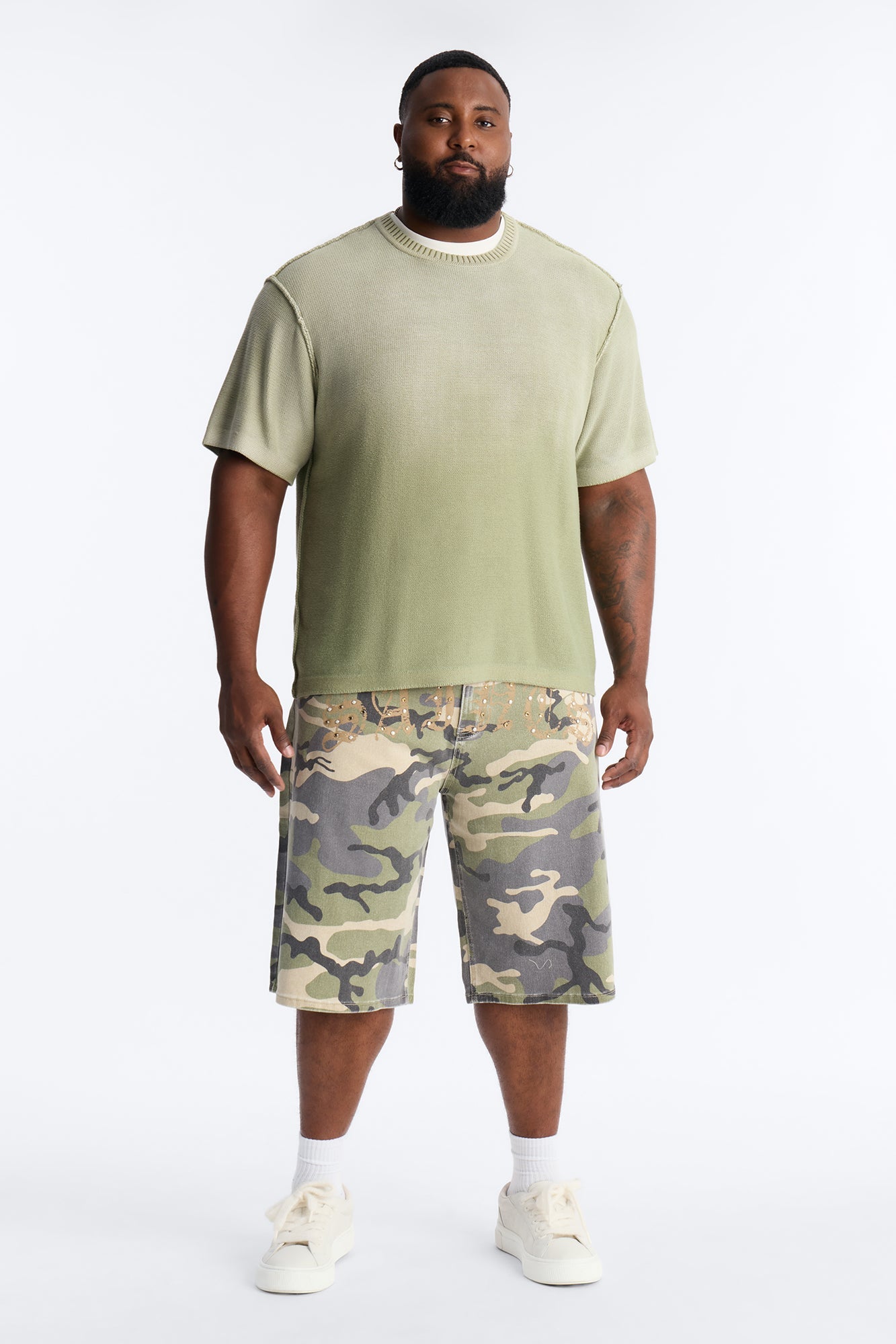 Relaxed Saints Embellished Camo Denim Shorts - Camouflage Fashion Nova