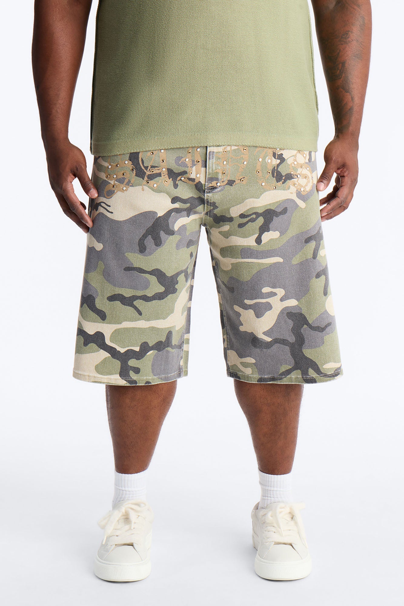 Relaxed Saints Embellished Camo Denim Shorts - Camouflage Fashion Nova