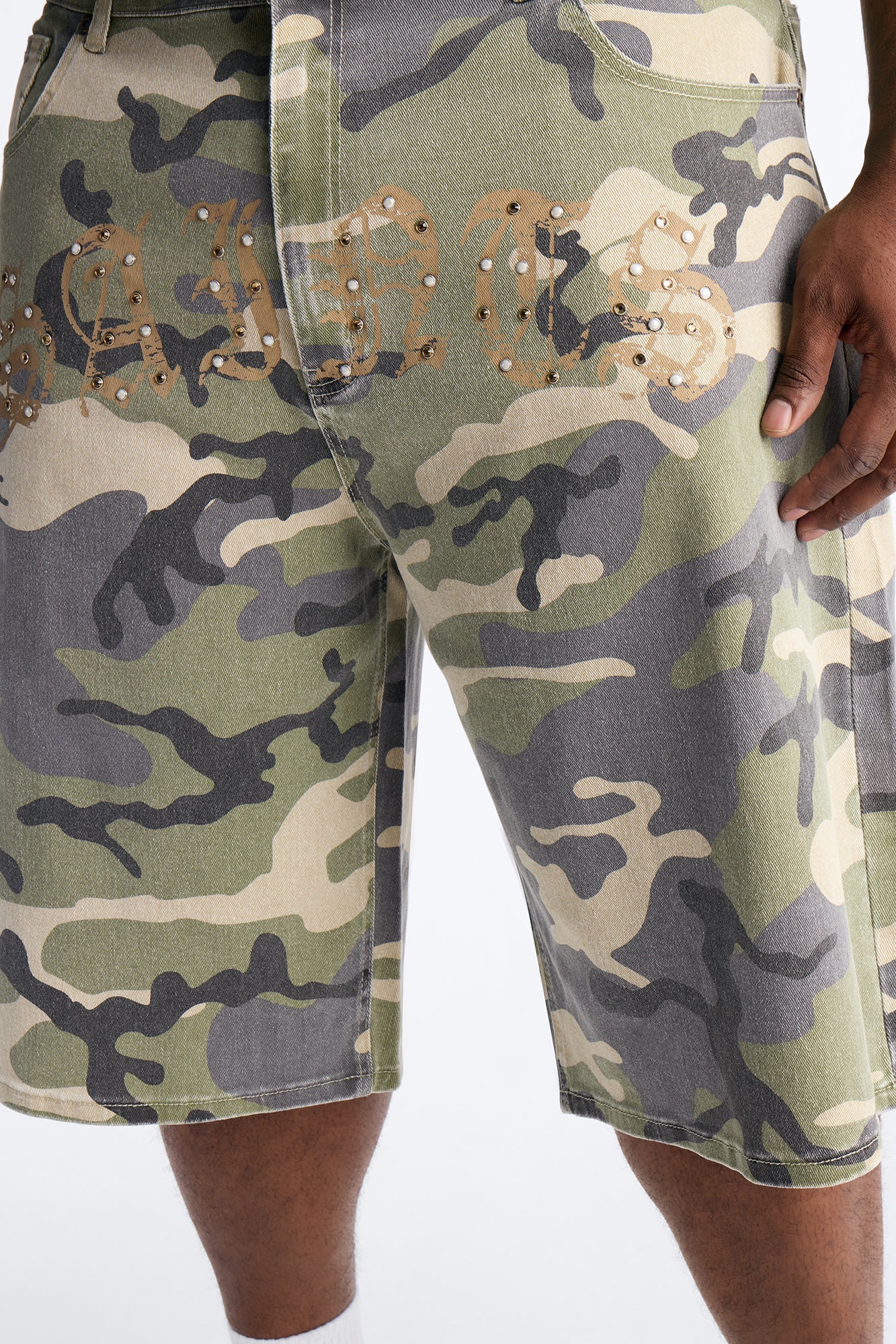 Relaxed Saints Embellished Camo Denim Shorts - Camouflage Fashion Nova