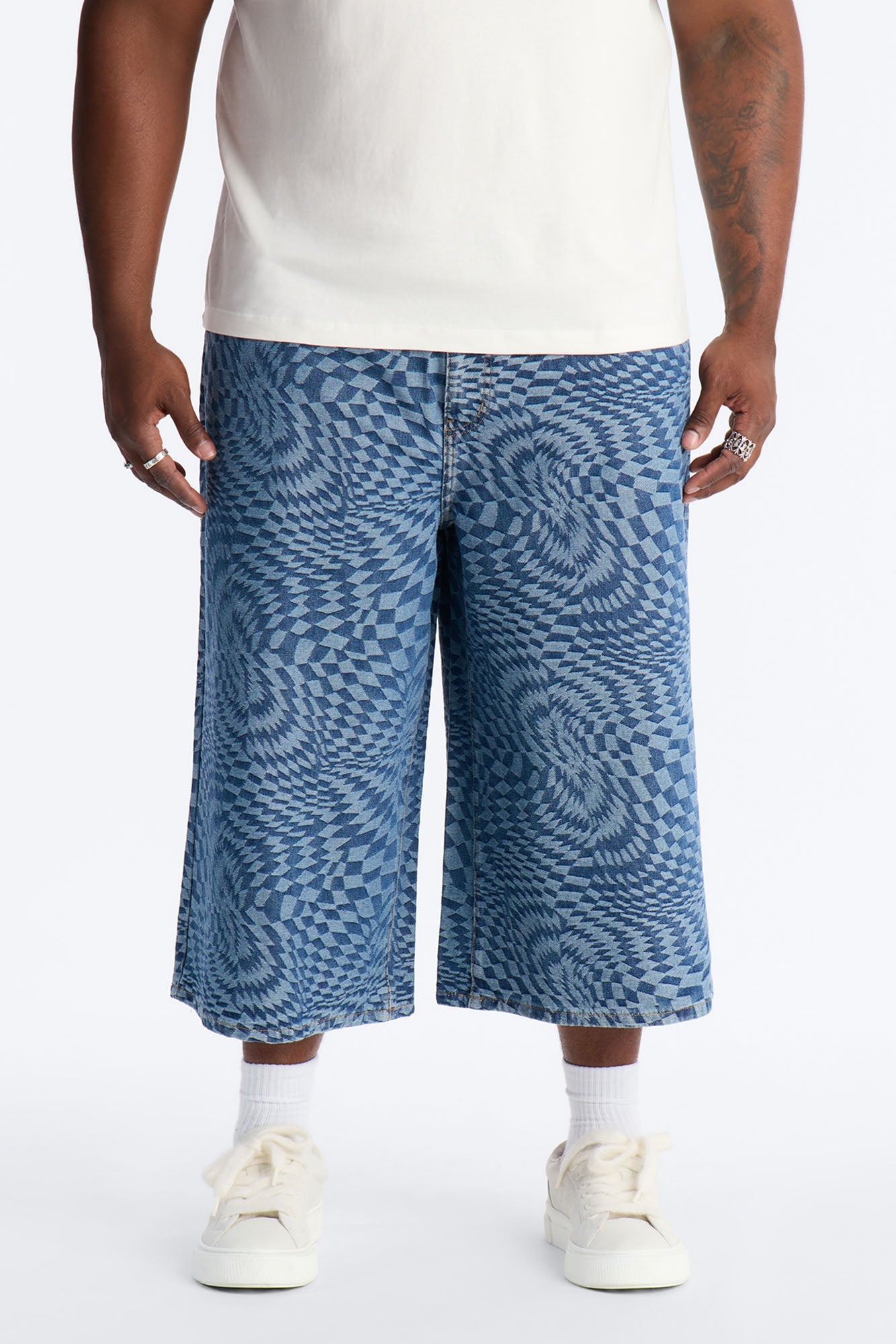 Super Baggy Trippy Check Denim Short - Medium Blue Wash Fashion Nova