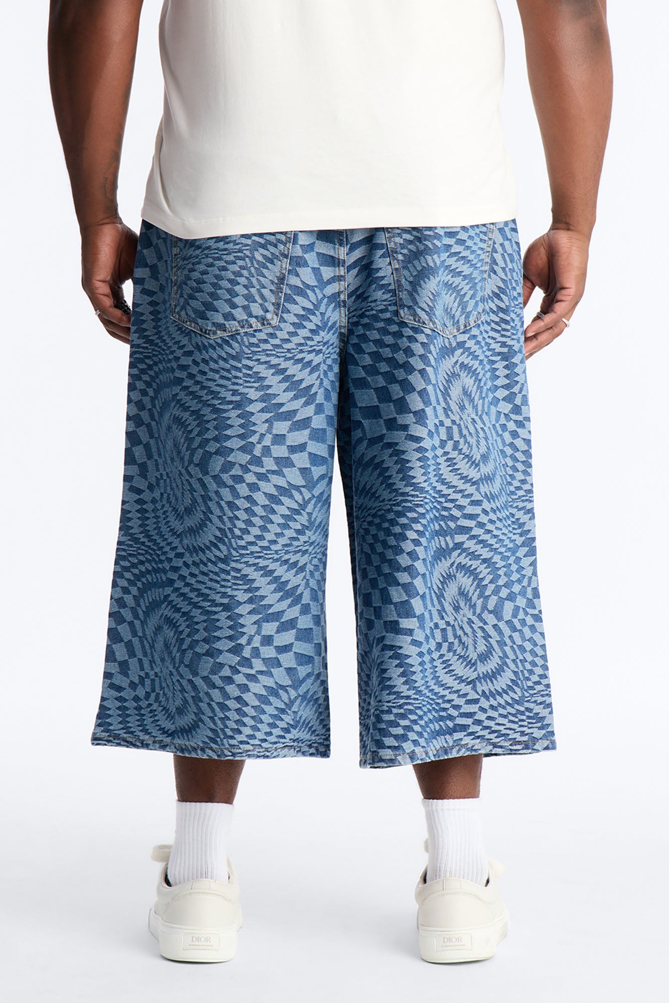 Super Baggy Trippy Check Denim Short - Medium Blue Wash Fashion Nova