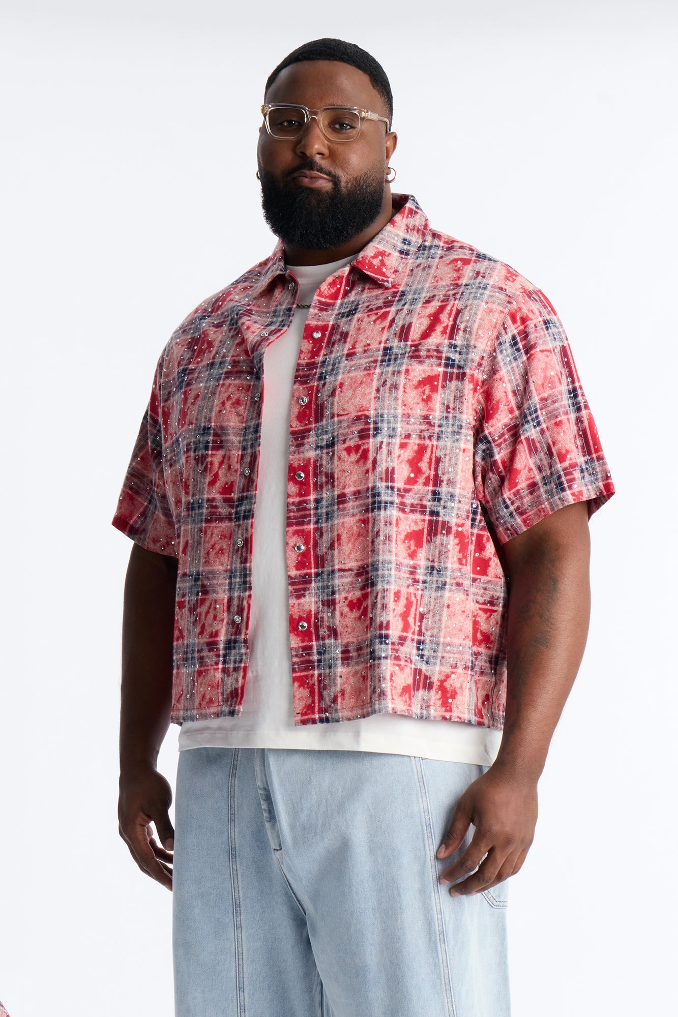 Rhinestone Rain Short Sleeve Plaid Flannel - Red Fashion Nova