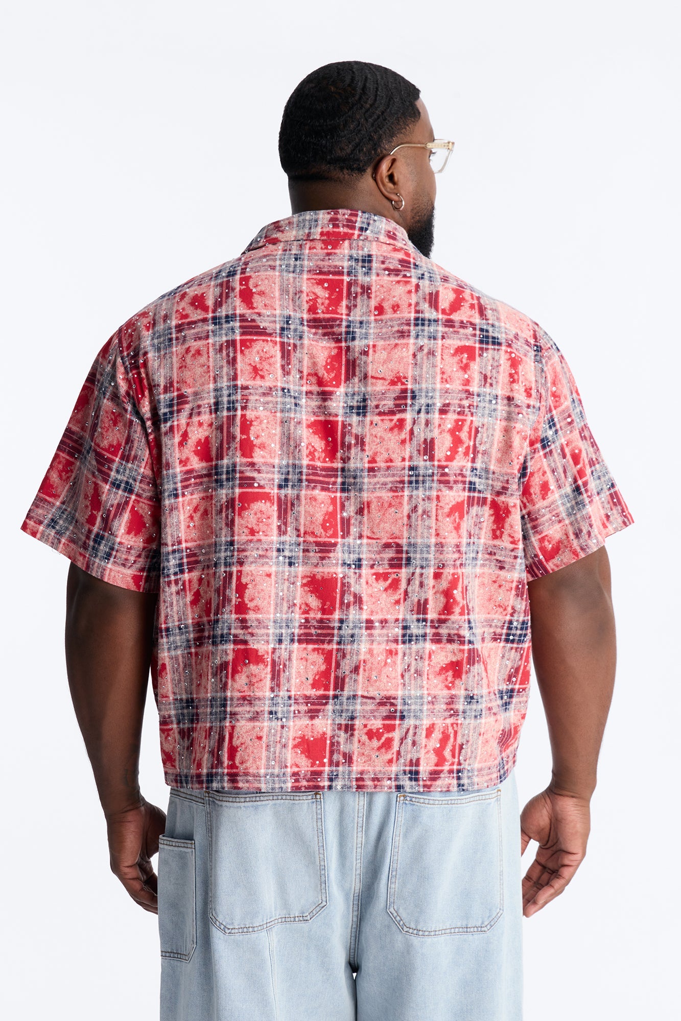 Rhinestone Rain Short Sleeve Plaid Flannel - Red Fashion Nova