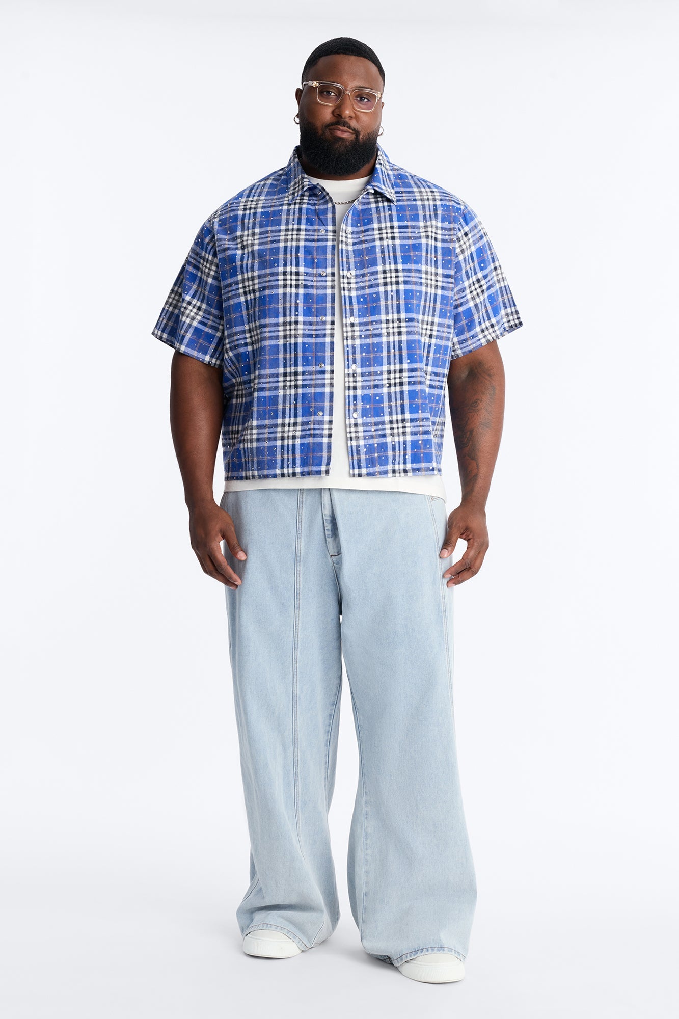 Rhinestone Rain Short Sleeve Plaid Flannel - Royal Fashion Nova