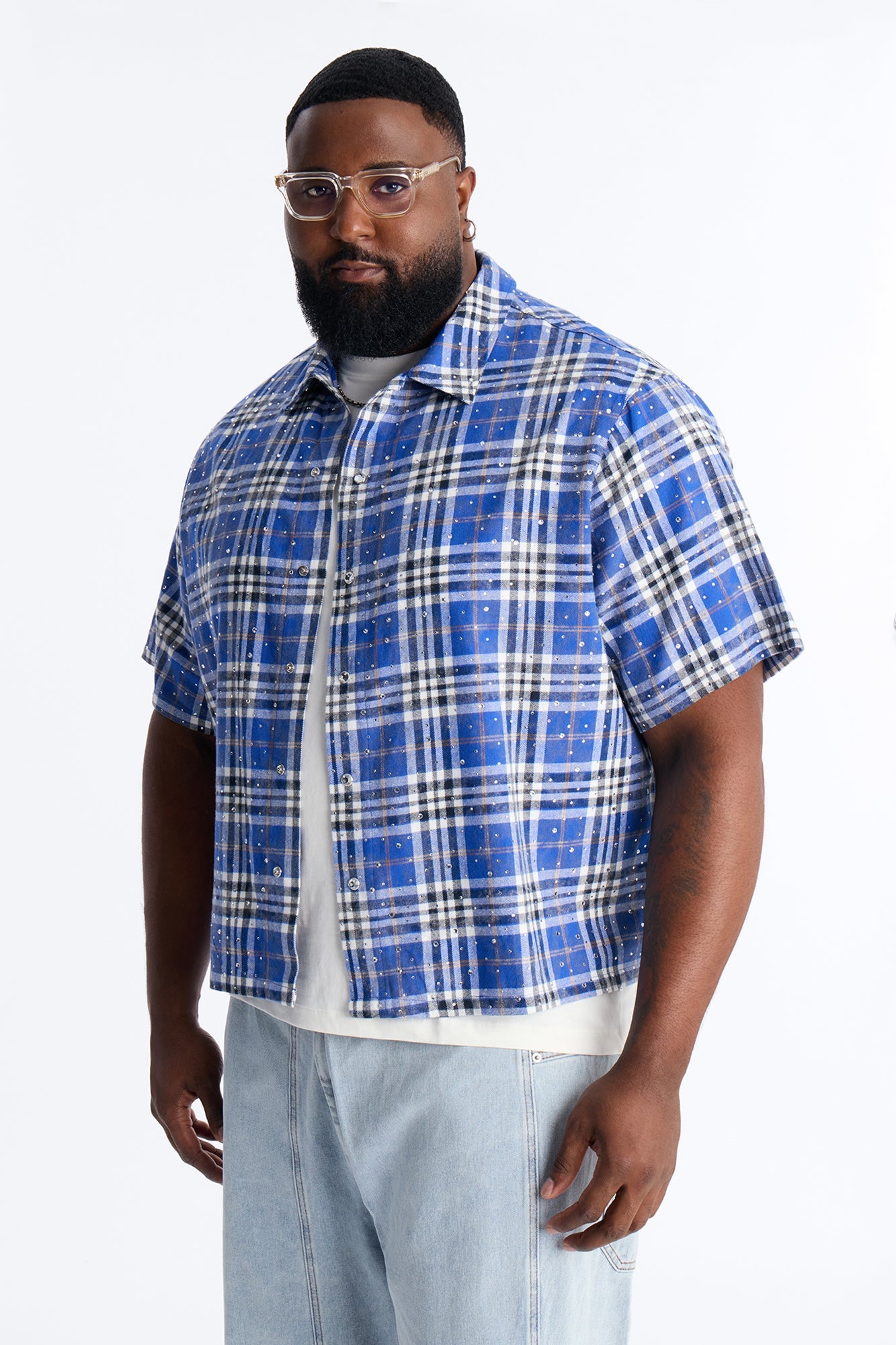 Rhinestone Rain Short Sleeve Plaid Flannel - Royal Fashion Nova